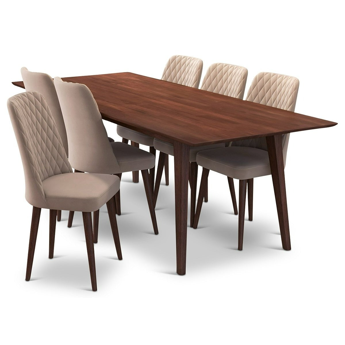 Adira XLarge Walnut Dining Set with 6 Evette Beige Velvet Dining Chairs