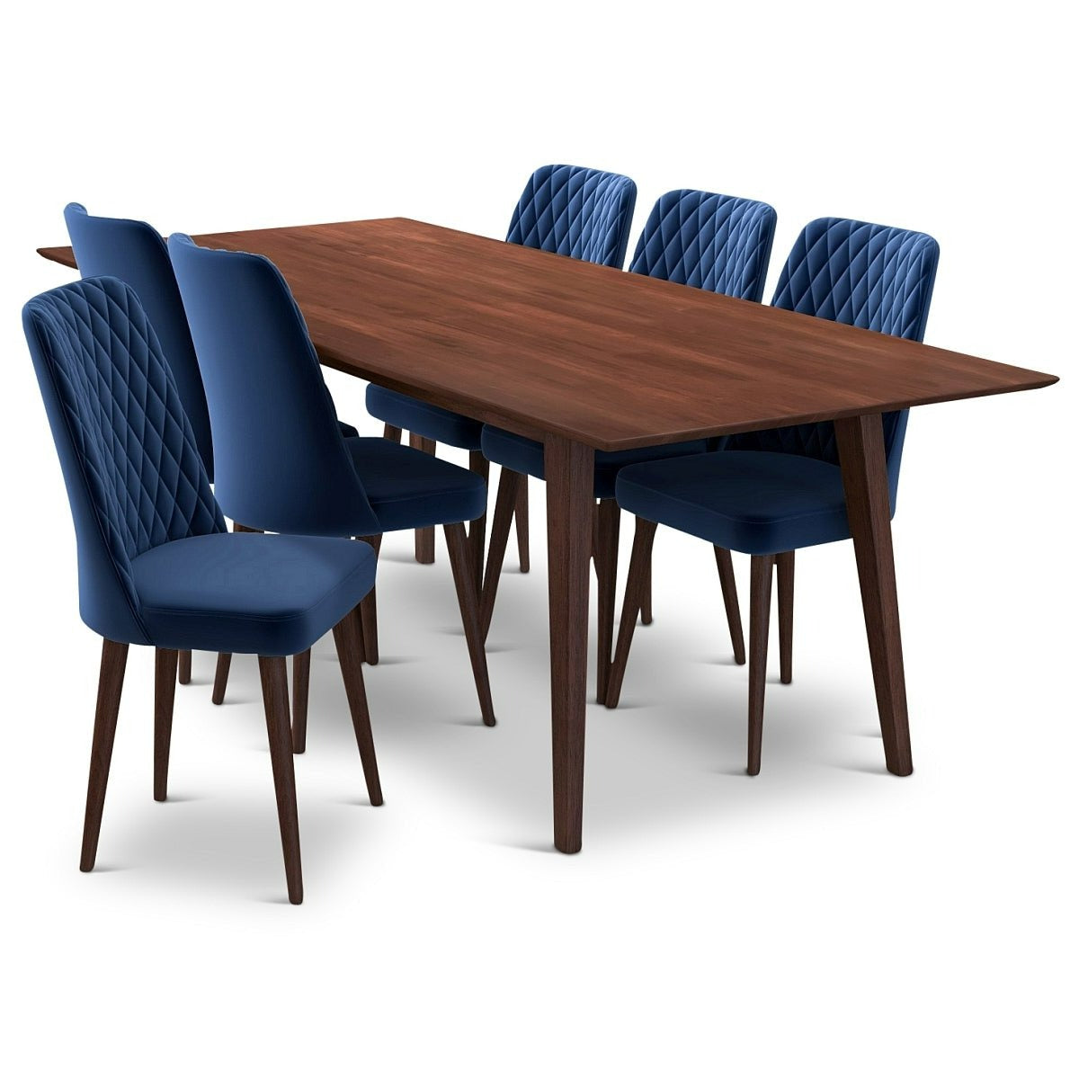 Adira XLarge Walnut Dining Set with 6 Evette Blue Velvet Dining Chairs