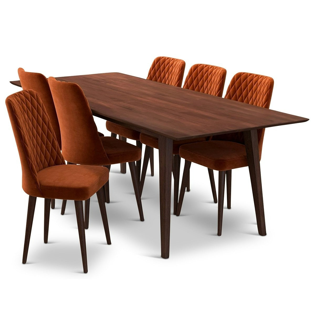 Adira XLarge Walnut Dining Set with 6 Evette Burnt Orange Velvet Dining Chairs