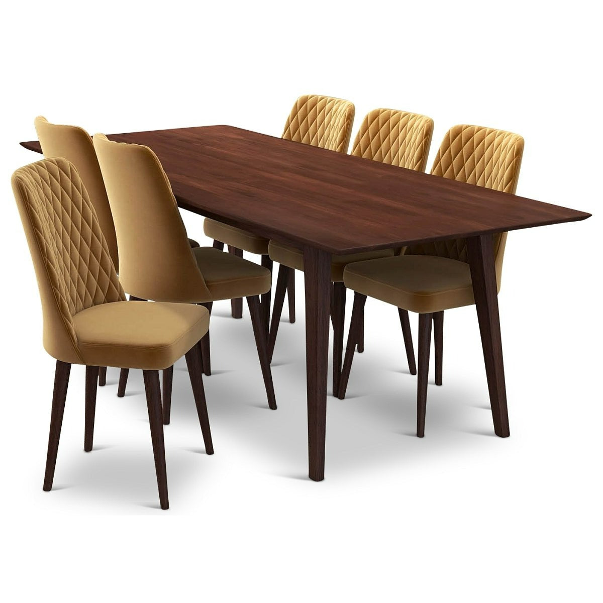 Adira XLarge Walnut Dining Set with 6 Evette Gold Velvet Dining Chairs