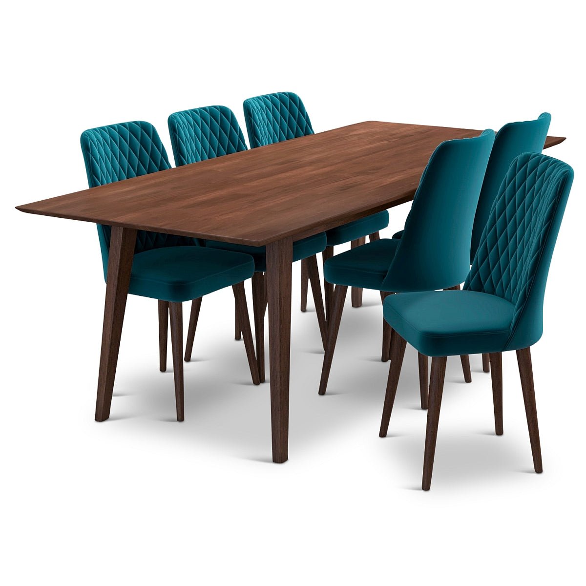 Adira XLarge Walnut Dining Set with 6 Evette Teal Velvet Dining Chairs