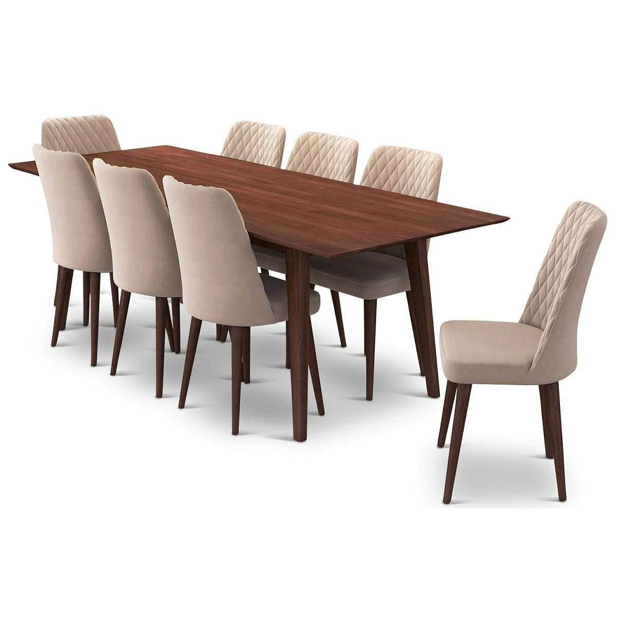 Adira XLarge Walnut Dining Set with 8 Evette Beige Velvet Dining Chairs