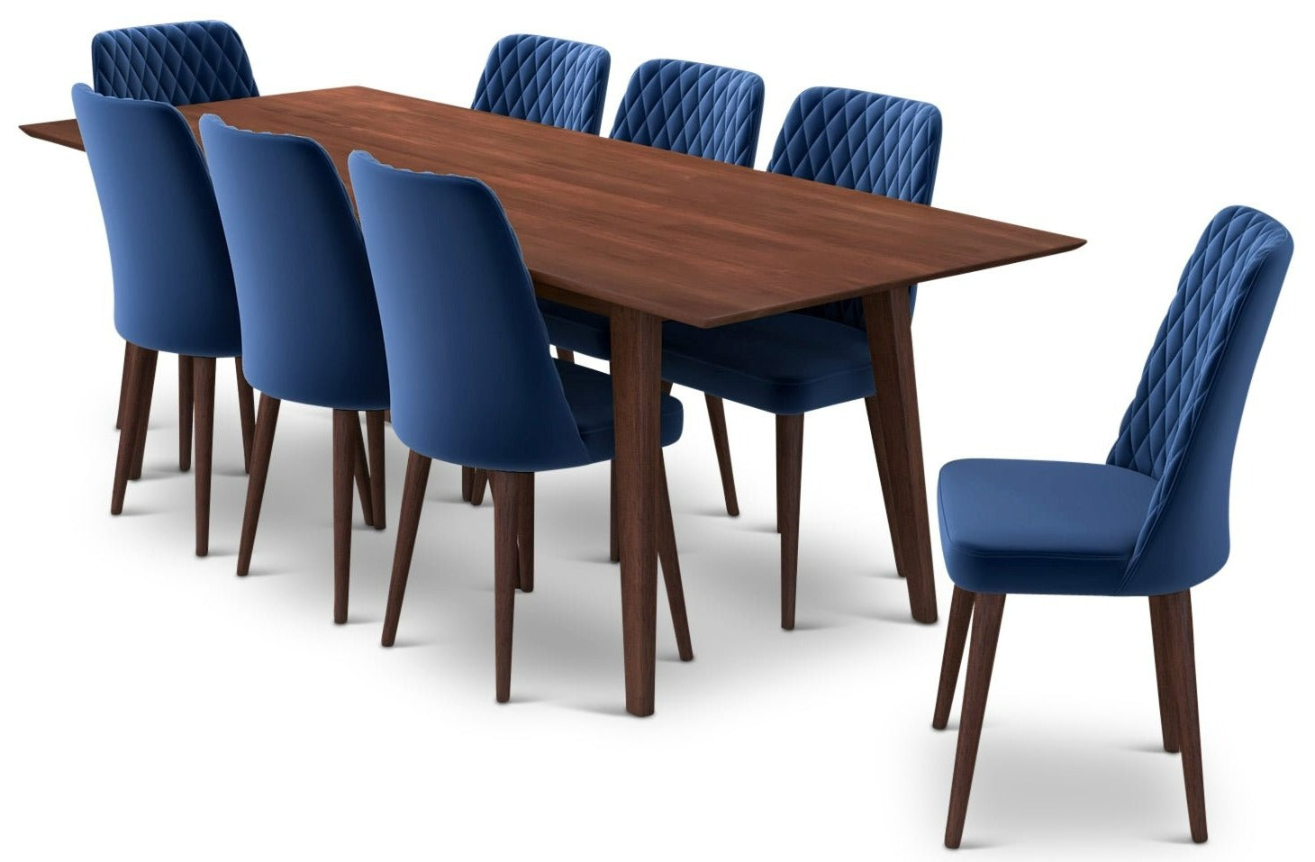 Adira XLarge Walnut Dining Set with 8 Evette Blue Velvet Dining Chairs