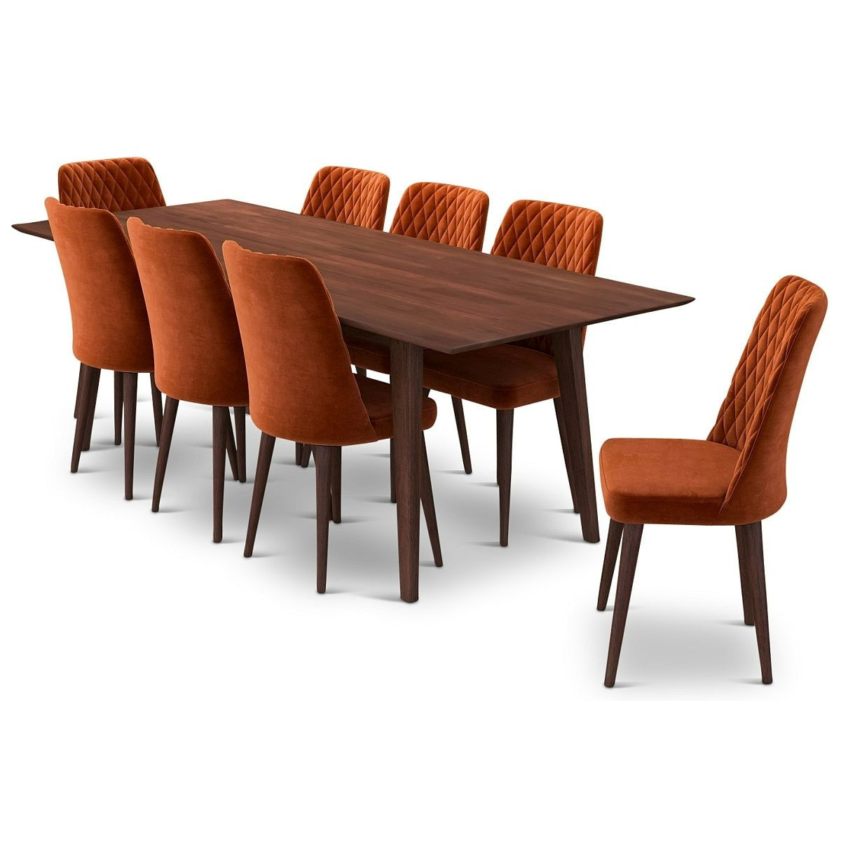 Adira XLarge Walnut Dining Set with 8 Evette Burnt Orange Velvet Dining Chairs