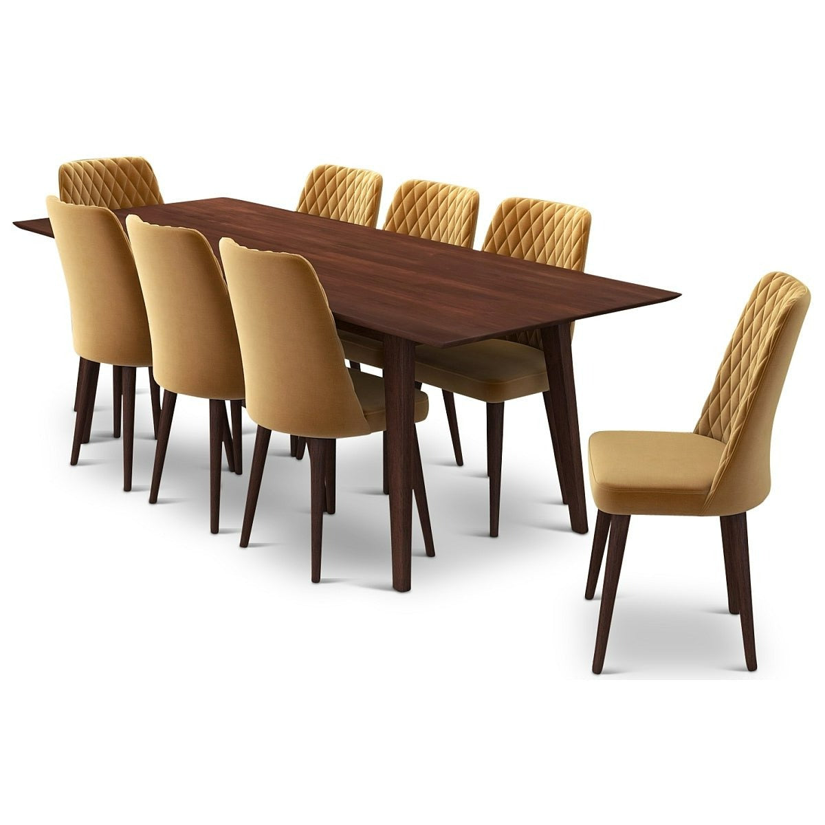 Adira XL Walnut Dining Set with 8 Evette Gold Velvet Dining Chairs