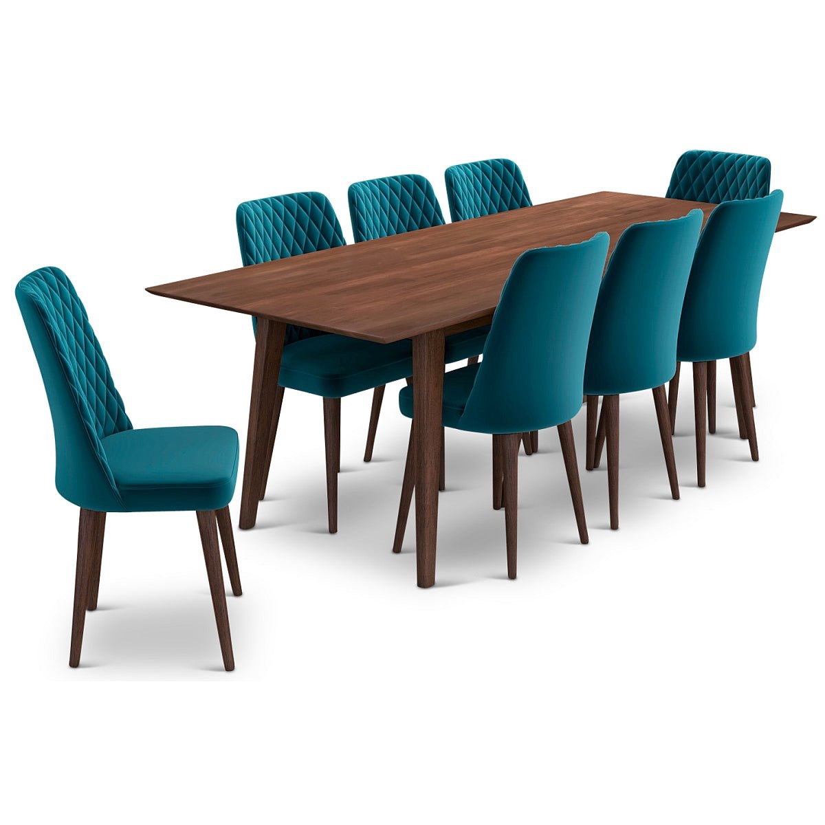 Adira XLarge Walnut Dining Set with 8 Evette Teal Velvet Dining Chairs