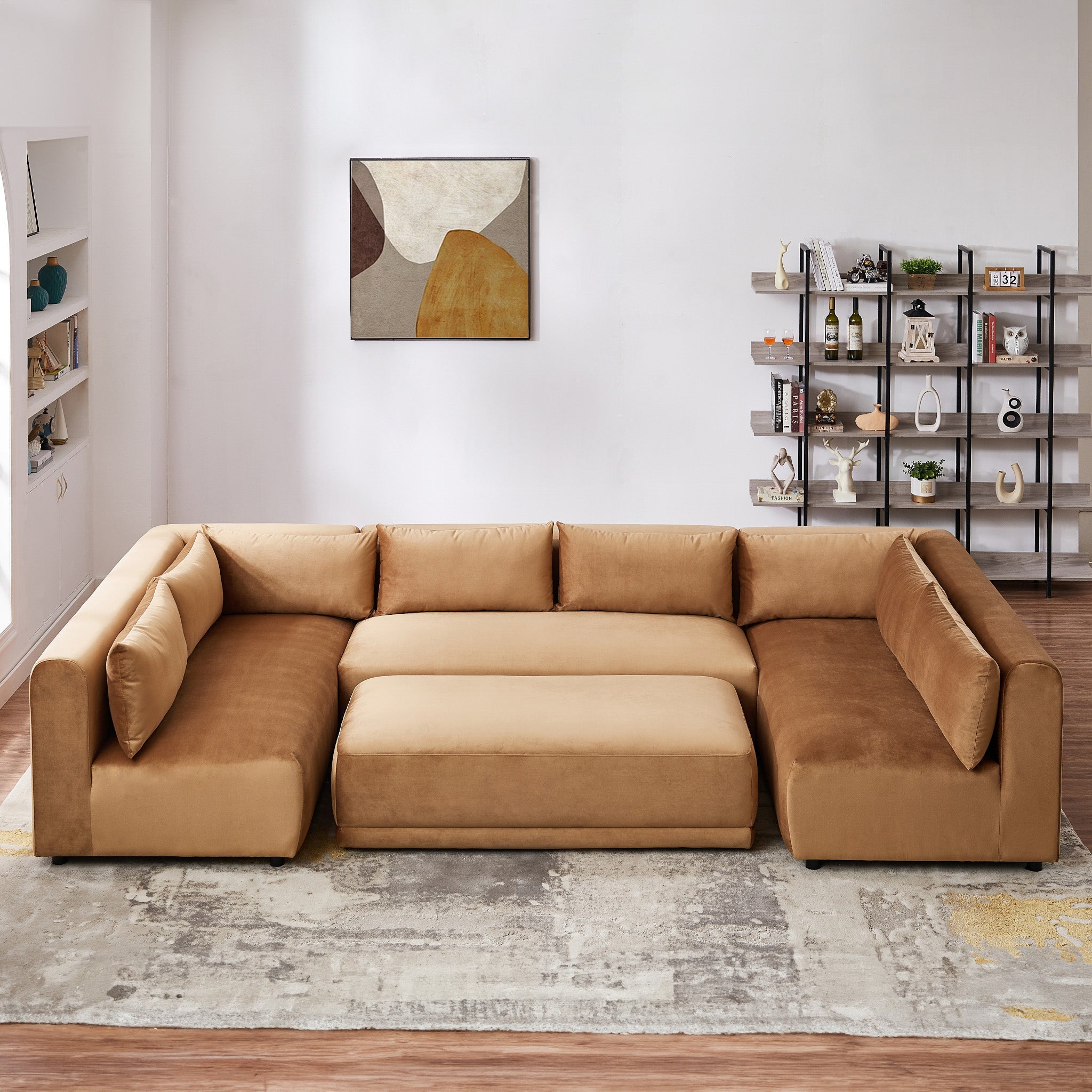 Albany Cognac Velvet Modular Corner Sofa with Ottoman