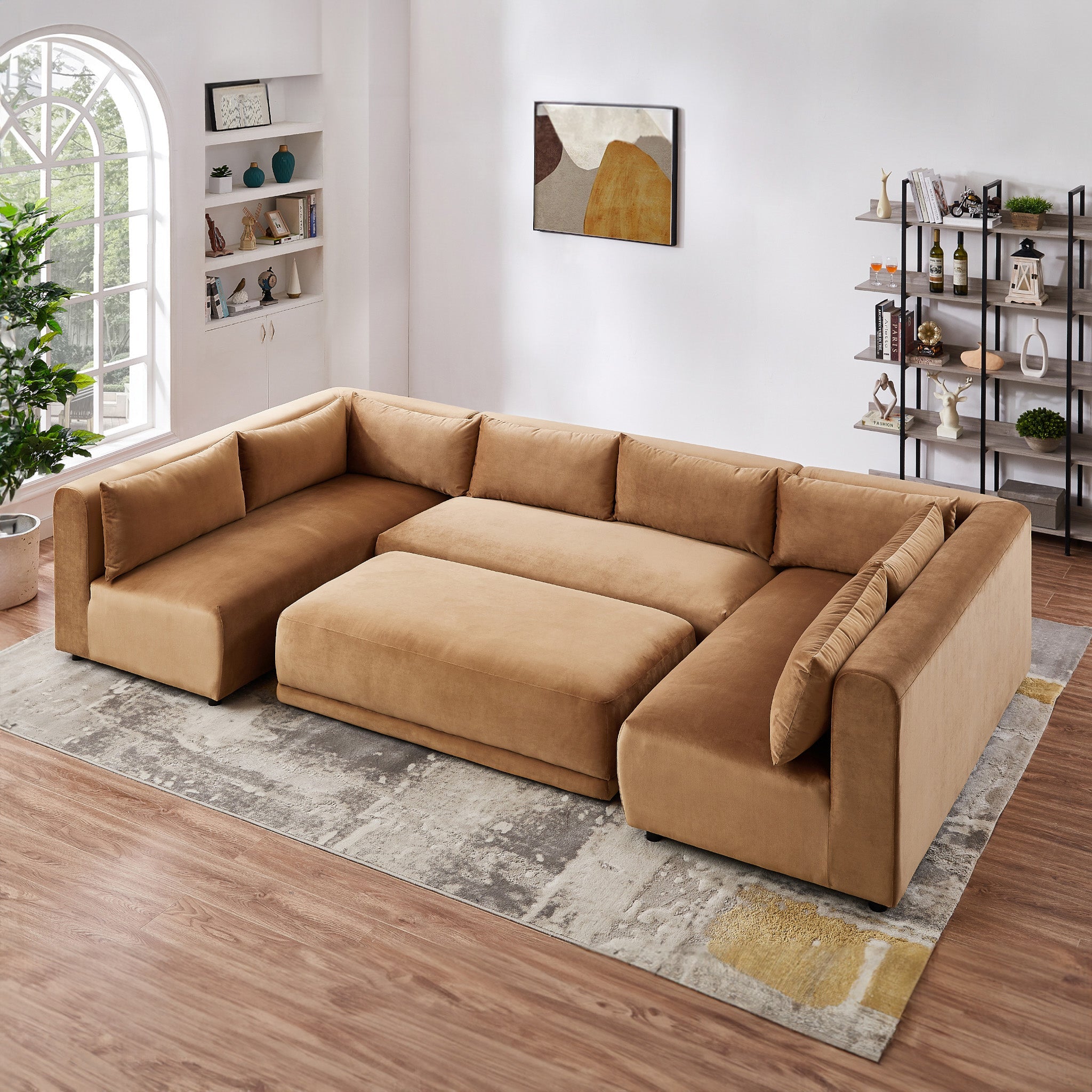 Albany Cognac Velvet Modular Corner Sofa with Ottoman