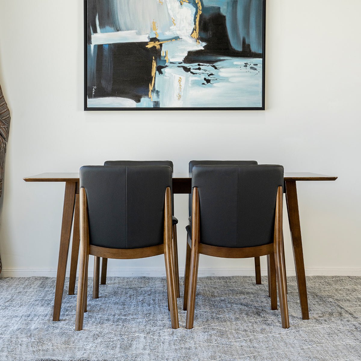 Alpine Large Walnut Dining Set with 4 Virginia Black Leather Dining Chairs