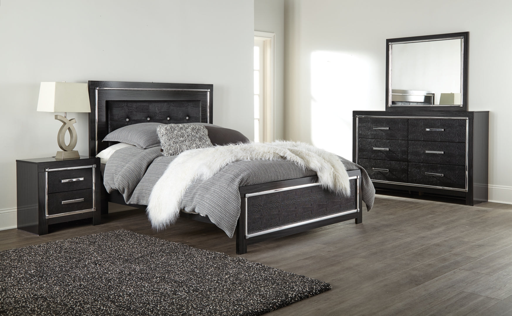 Kaydell Queen Upholstered Panel Bed with Mirrored Dresser