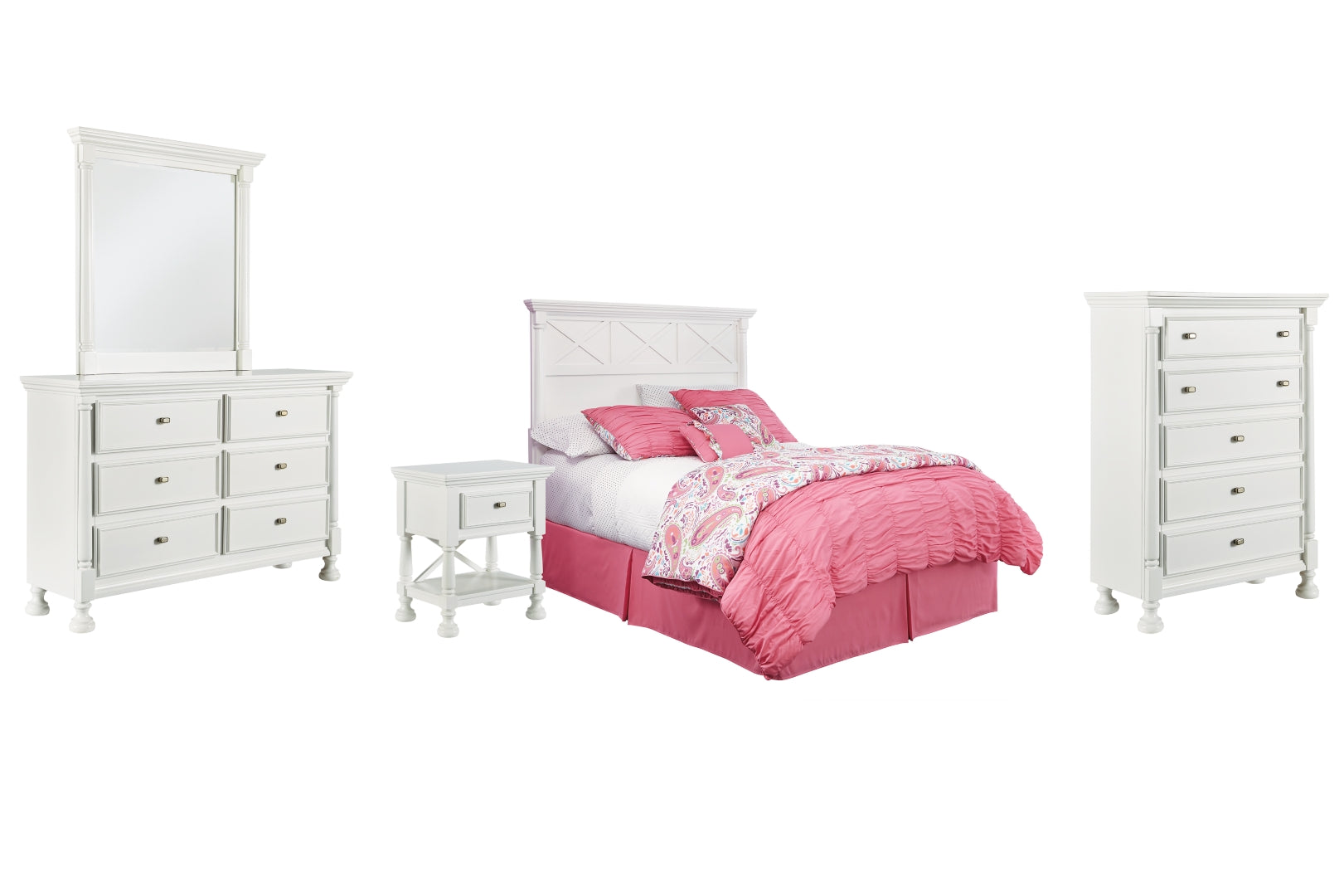 Kaslyn Queen Panel Headboard Bed with Mirrored Dresser, Chest and Nightstand