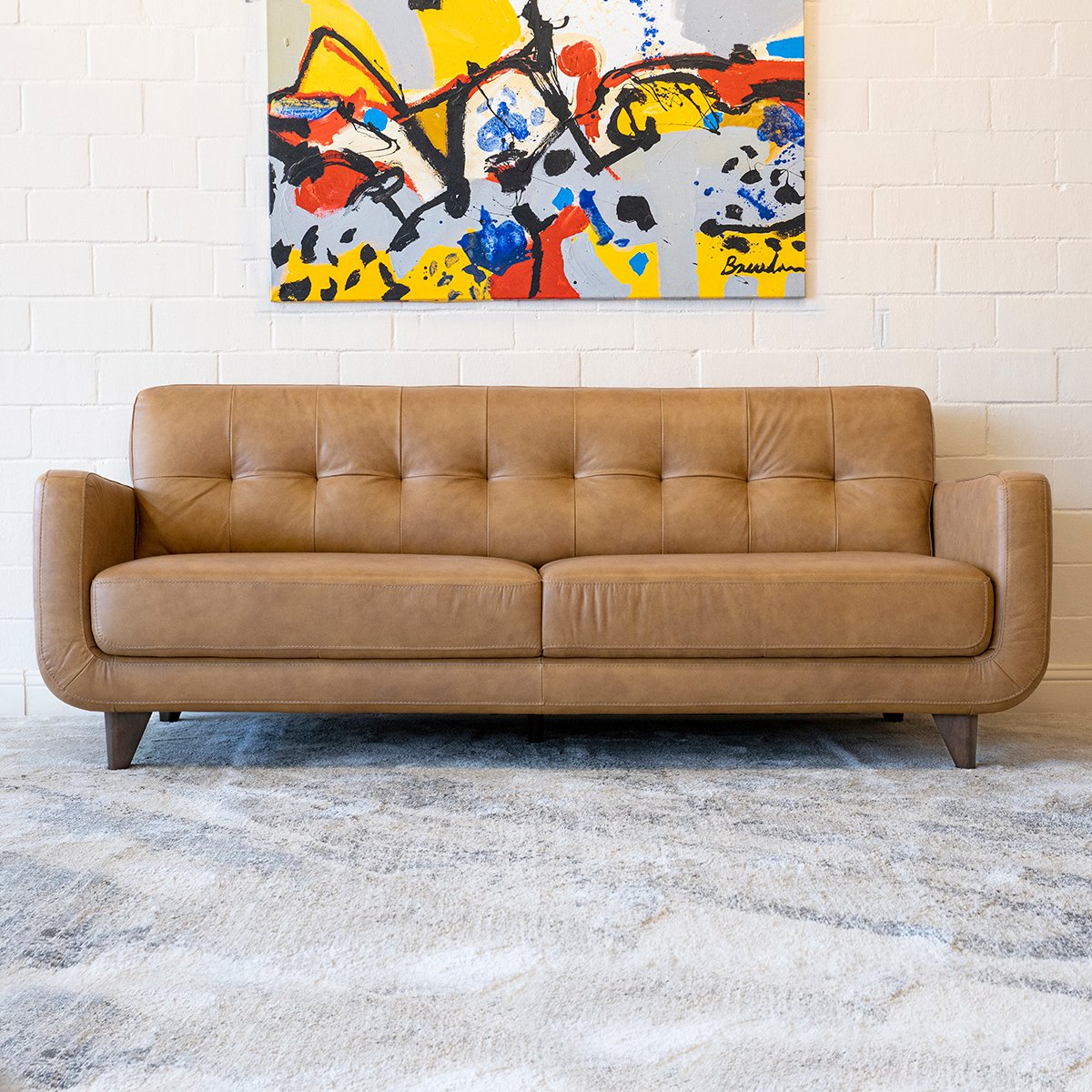 Cassie Mid Century Modern Genuine Leather Sofa Tan