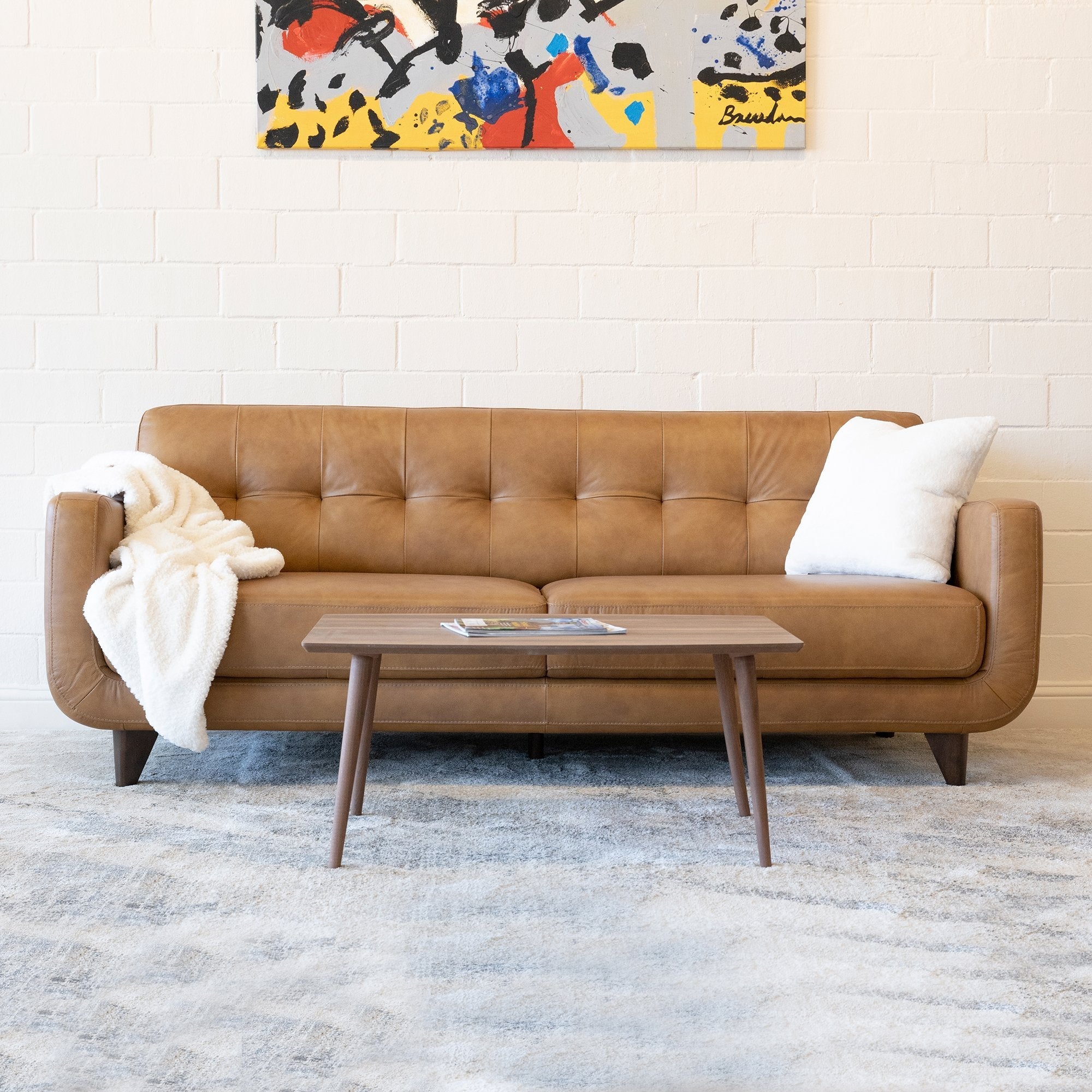 Cassie Mid Century Modern Genuine Leather Sofa Tan