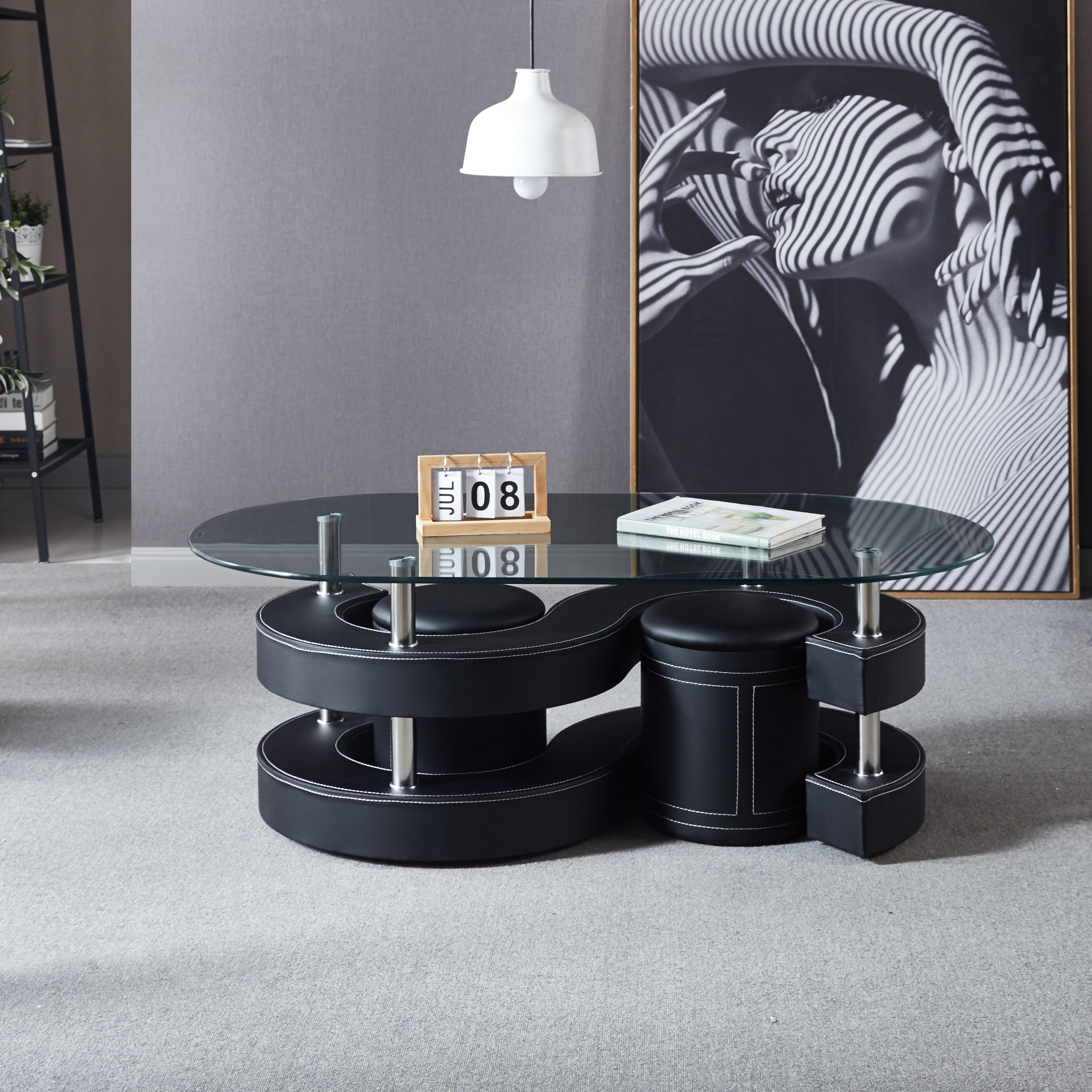 Sunside Oval Coffee Table with 2 Stool Black