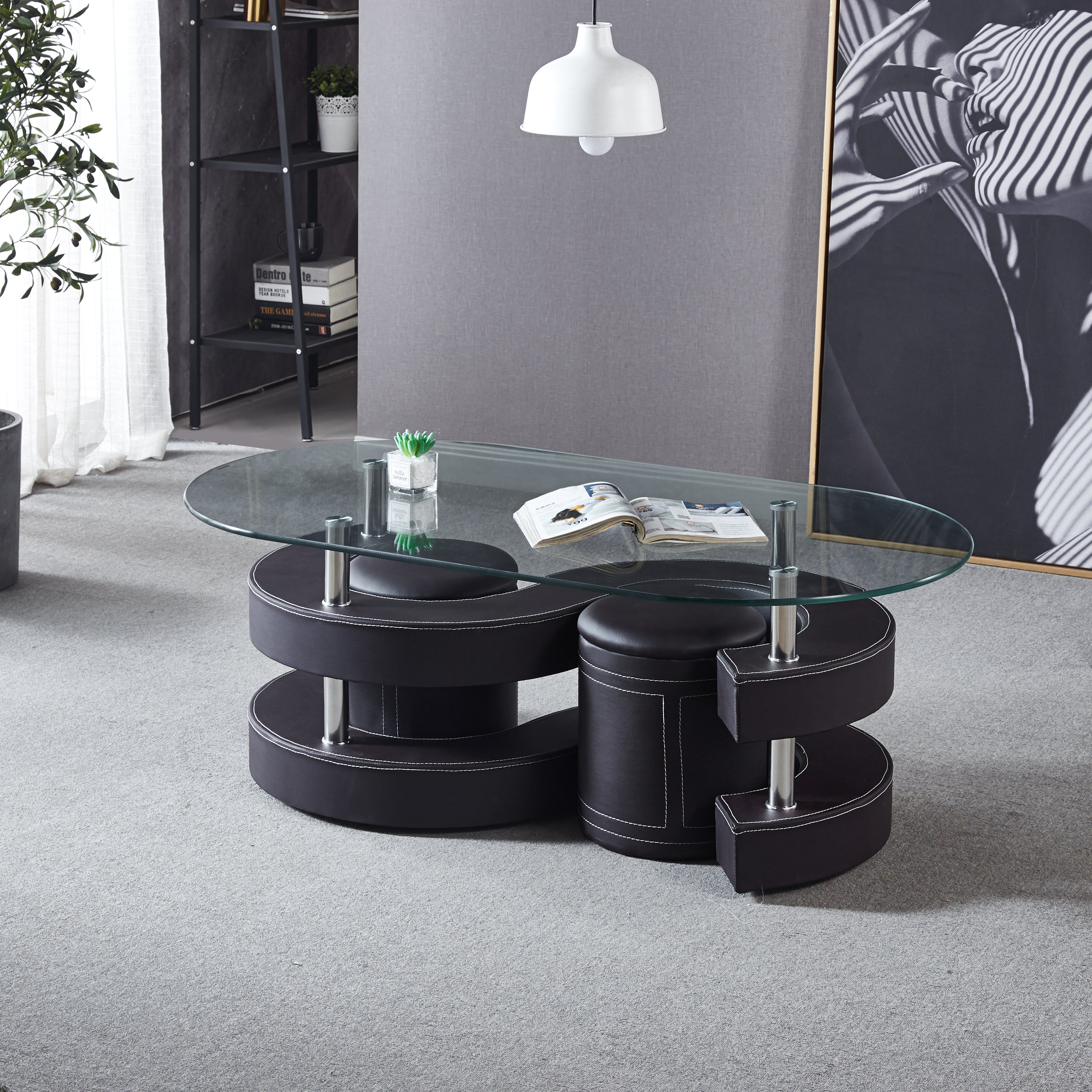 Sunside Oval Coffee Table with 2 Stool Black