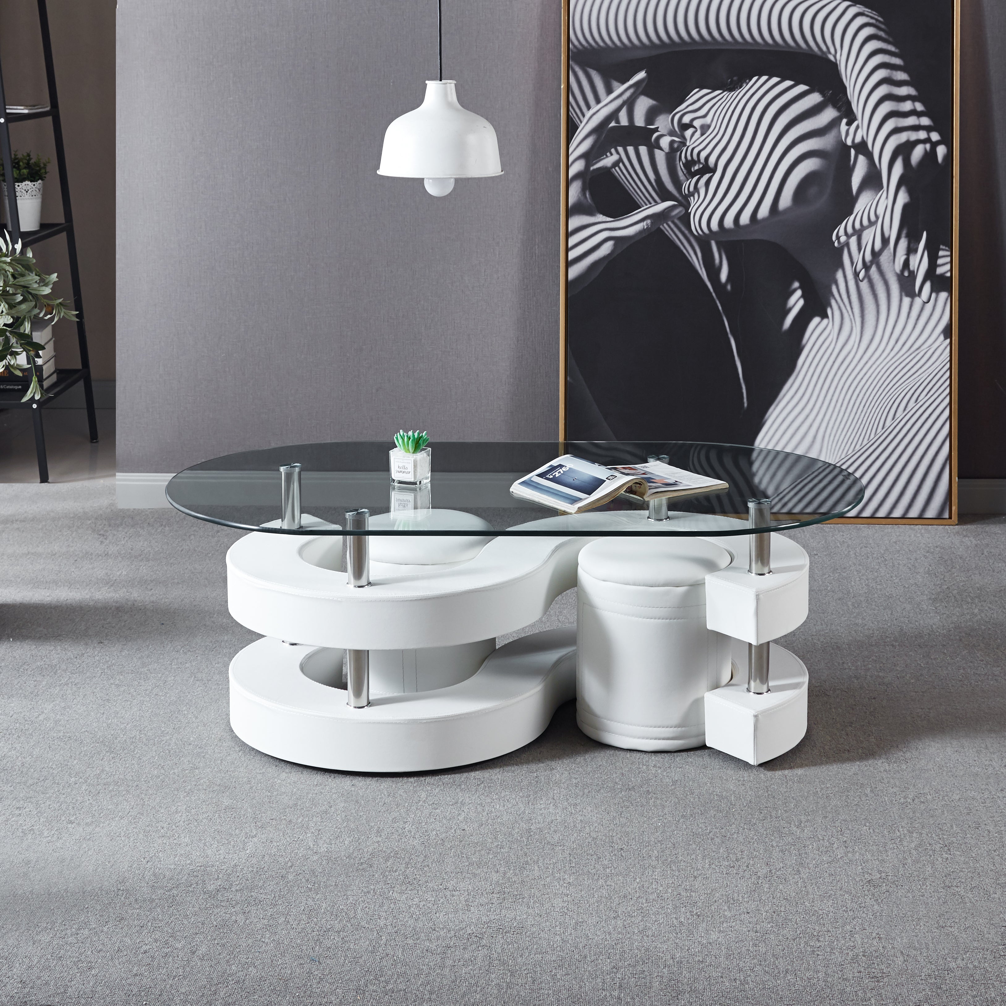 Sunside Oval Coffee Table with 2 Stool White