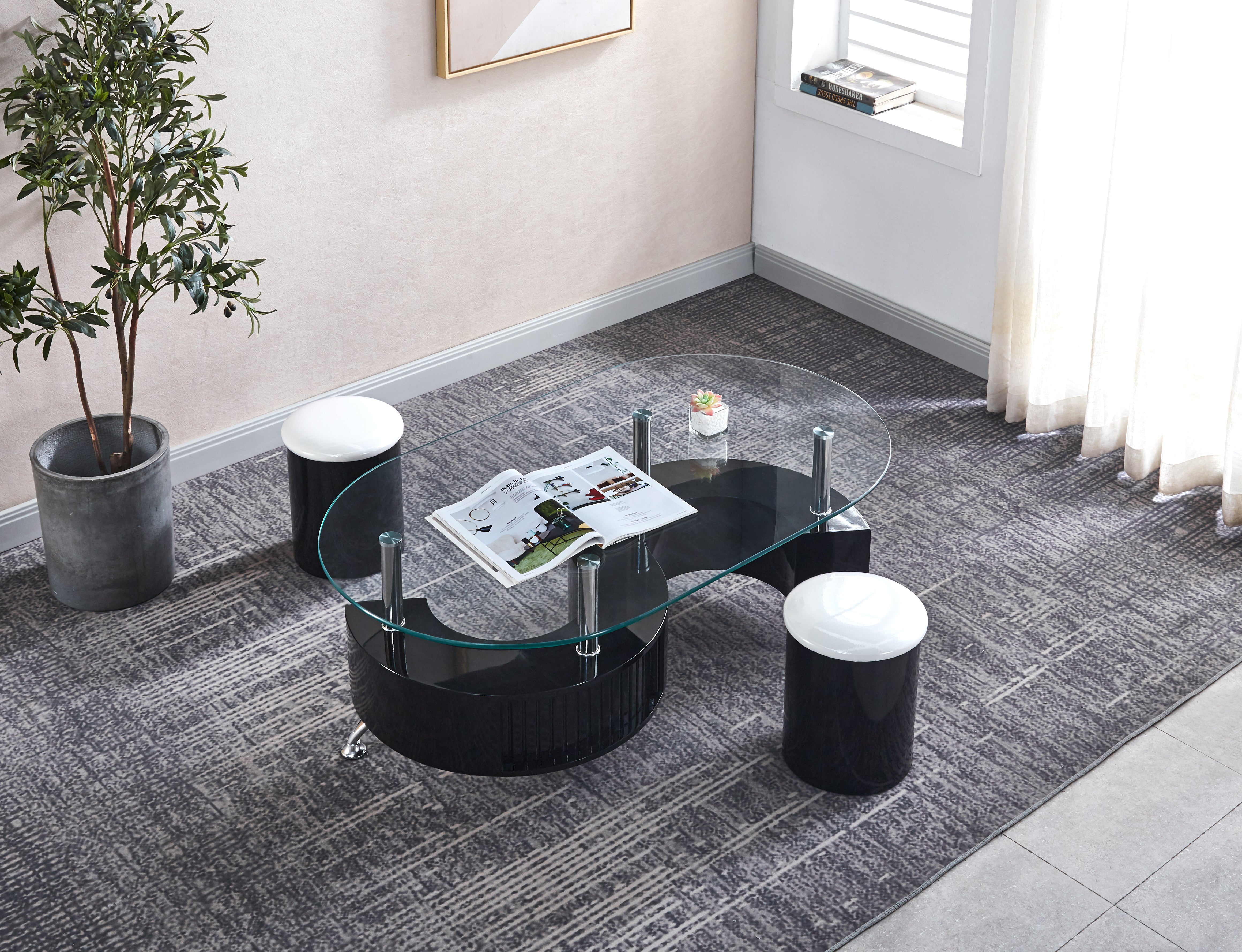 Symple Oval Coffee Table with 2 Stool Black