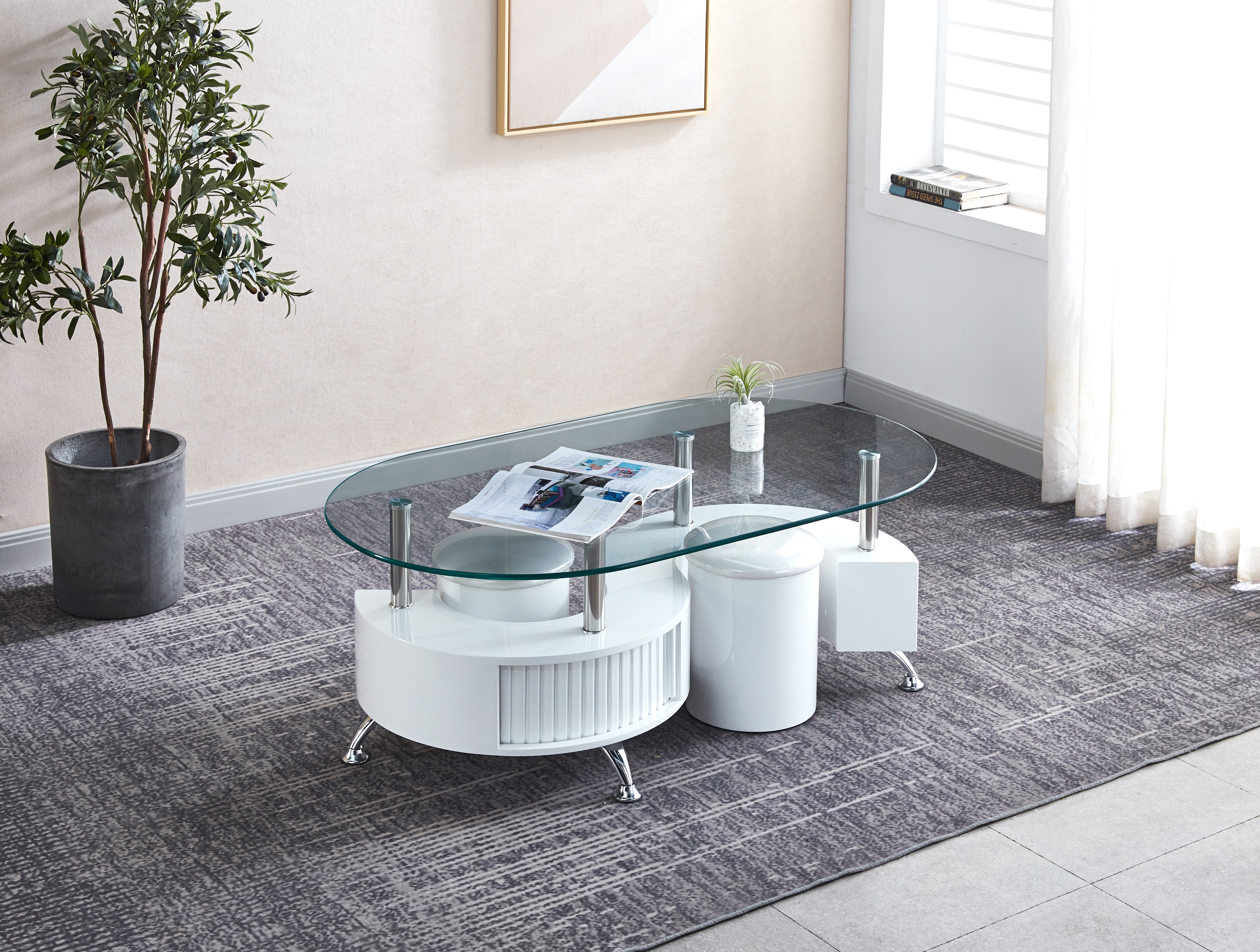 Symple Oval Coffee Table with 2 Stool White