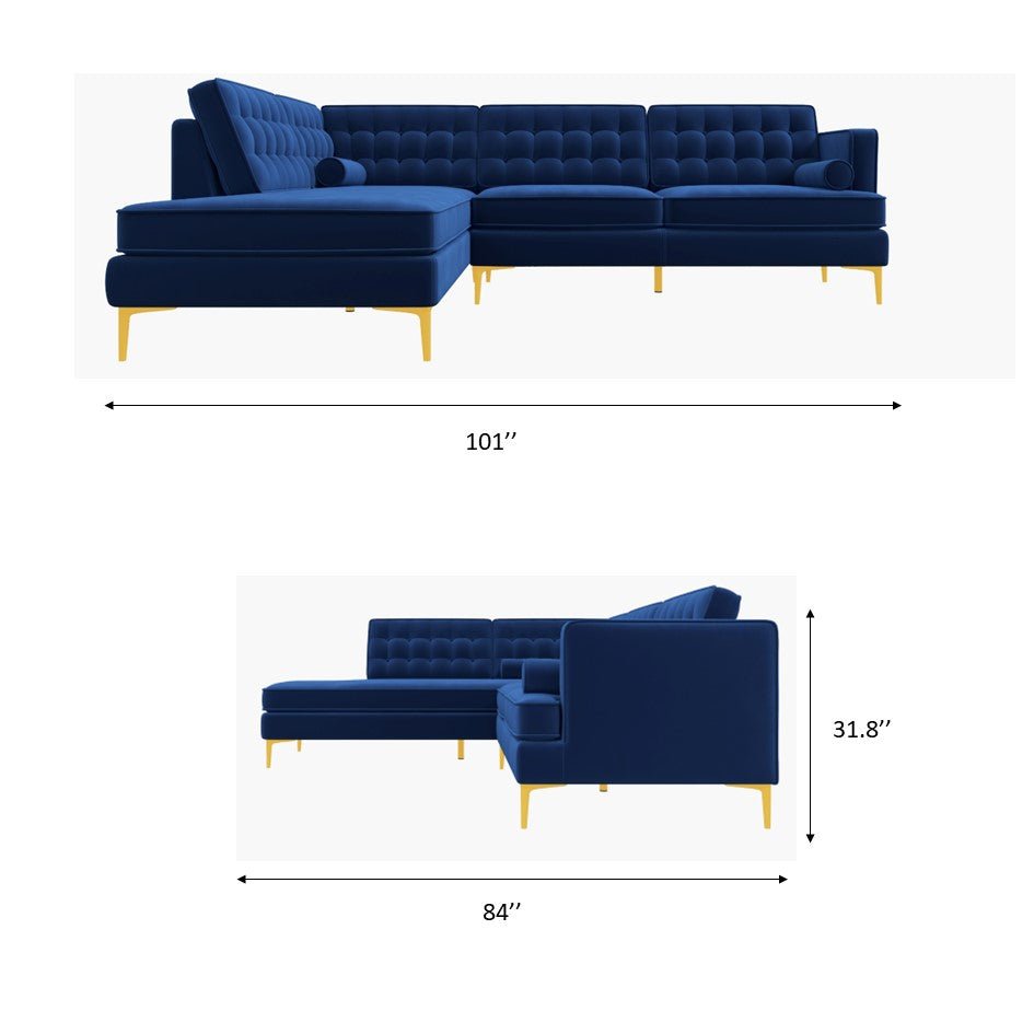 Caleb Sectional Sofa Blue Velvet Left Chaise