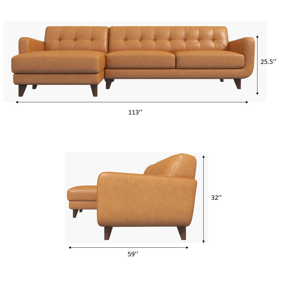 Cassie Tan Leather Sectional Sofa Left Facing Chaise