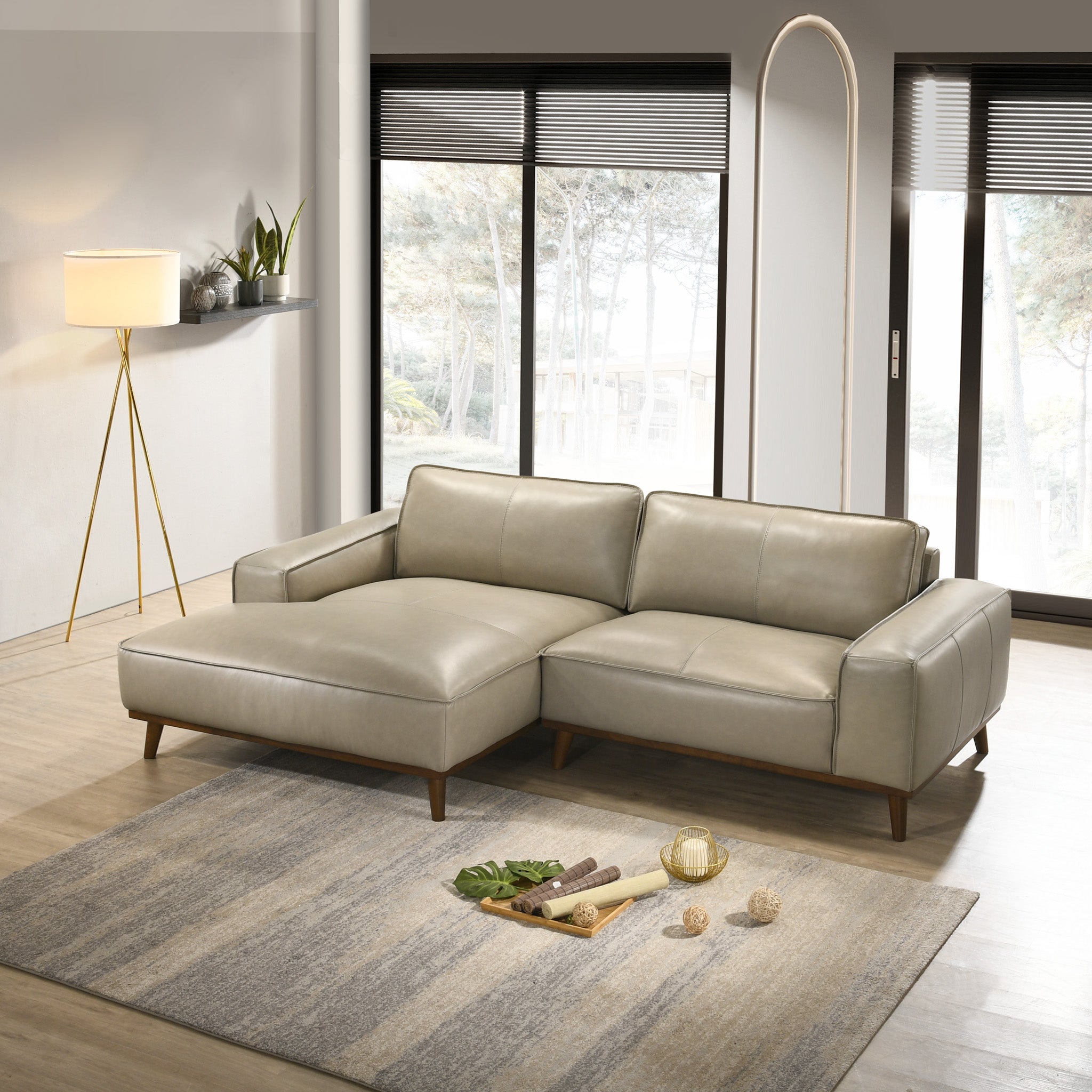 Clifton Beige Leather Sectional Sofa Left Facing Chaise