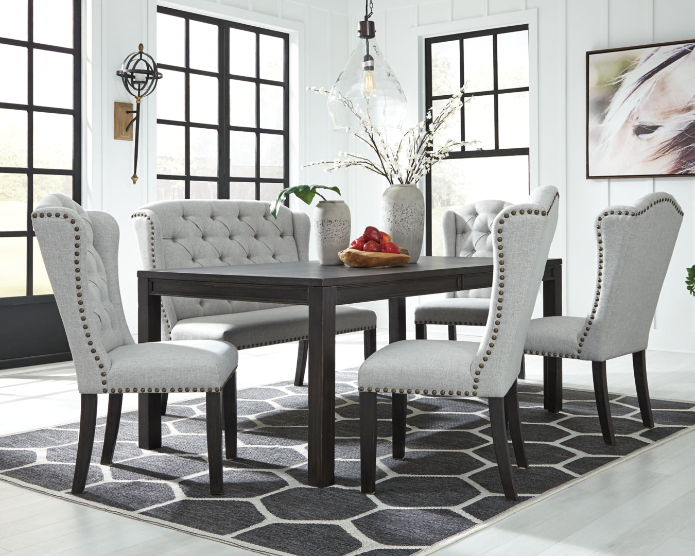 Jeanette Dining Table and 4 Chairs and Bench