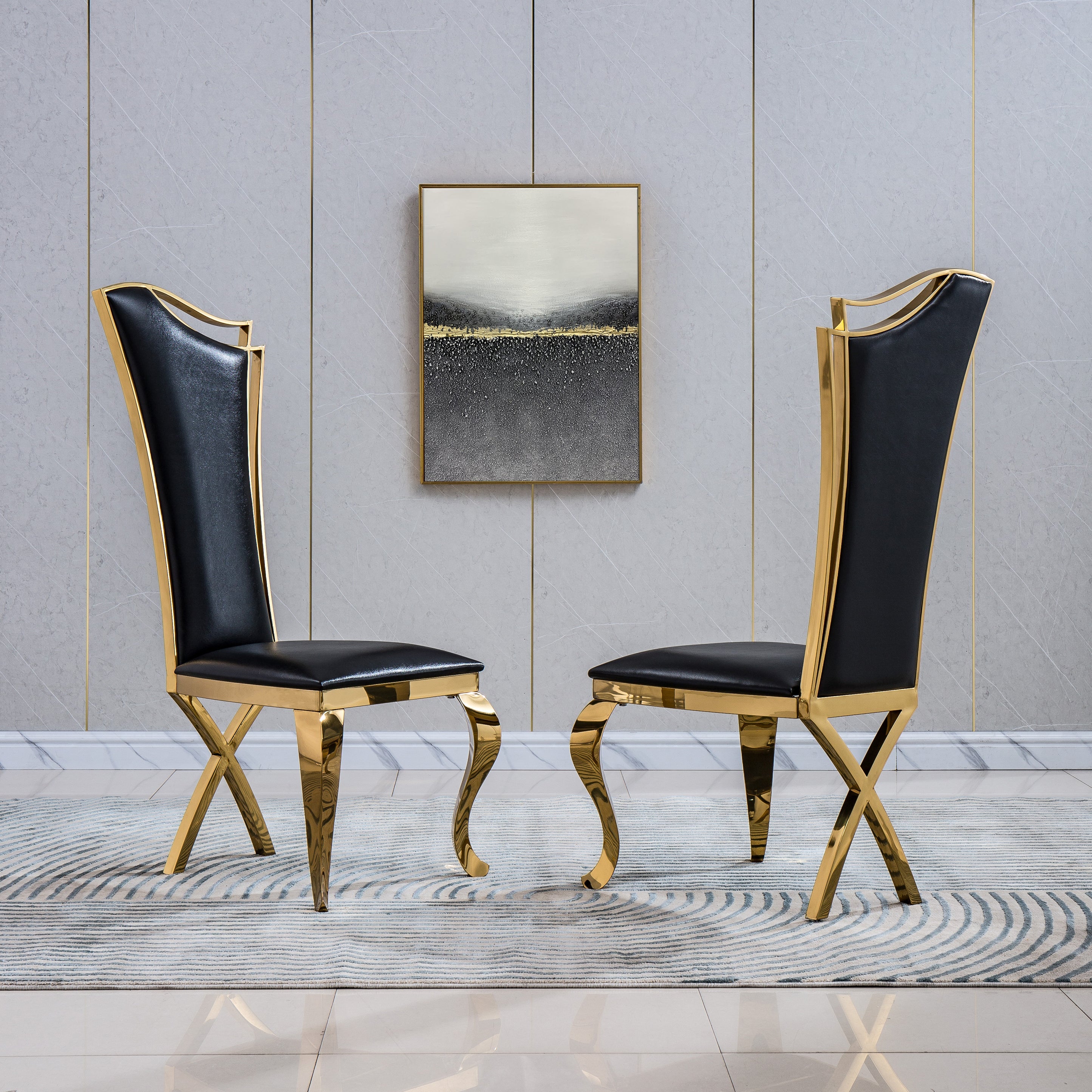 Feldhaus Dining Chair Black Leather Gold Set of 2