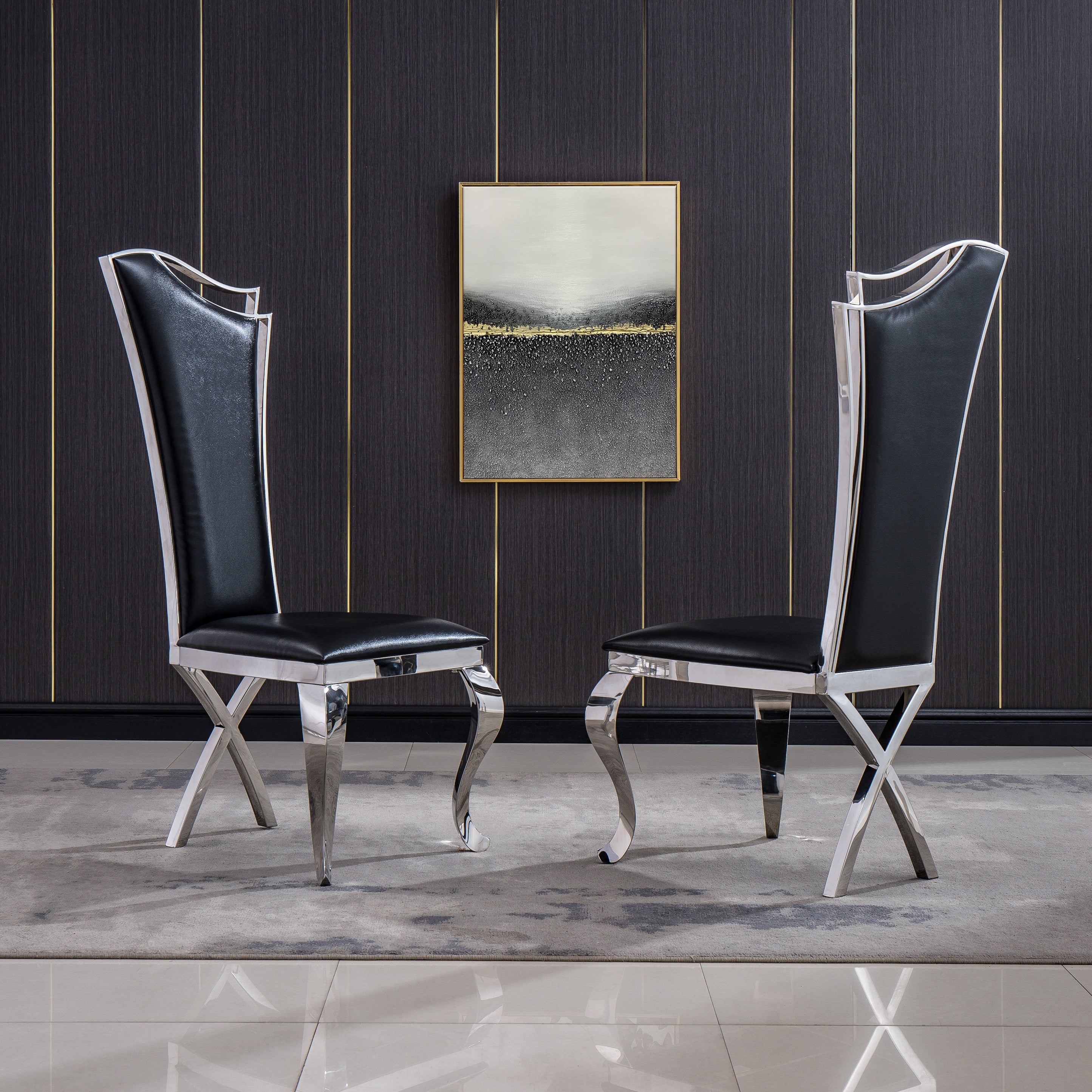 Feldhaus Dining Chair Black Leather Silver Set of 2