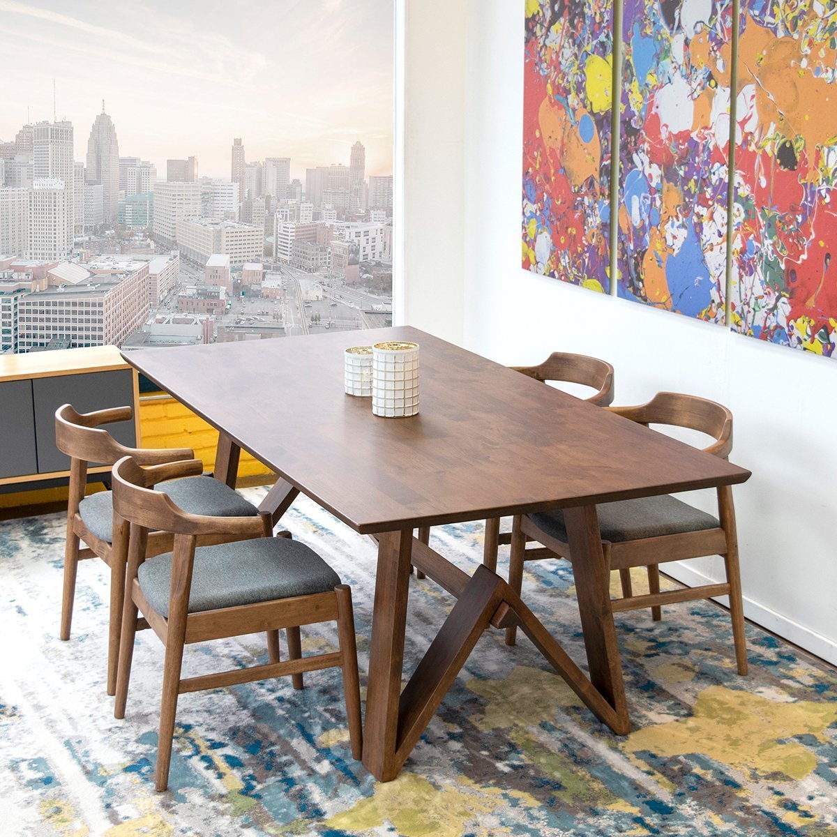 Dining Set, Denver Walnut Table with 4 Zola Grey Fabric Chairs