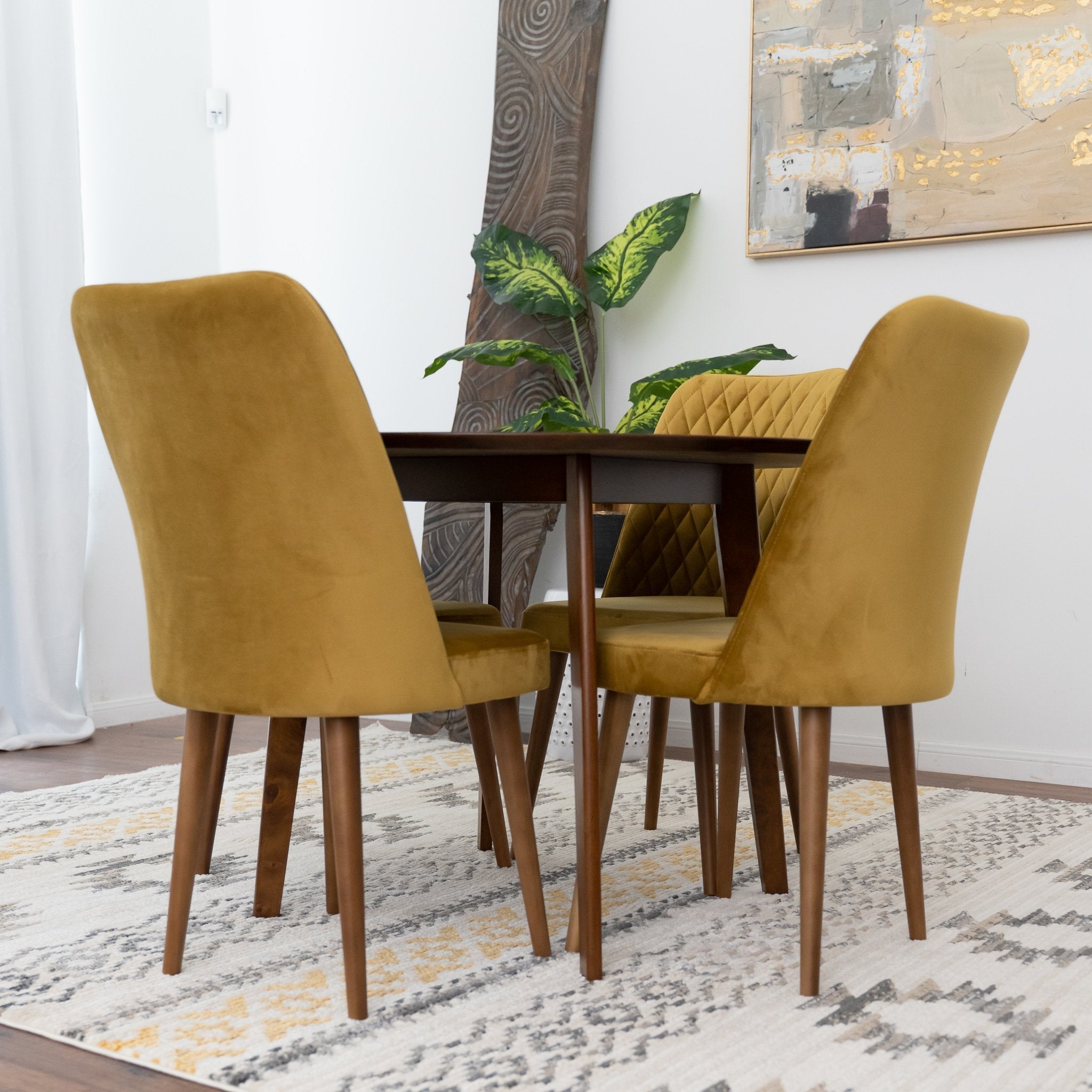 Aliana Dining Set with 4 Evette Gold Chairs Walnut