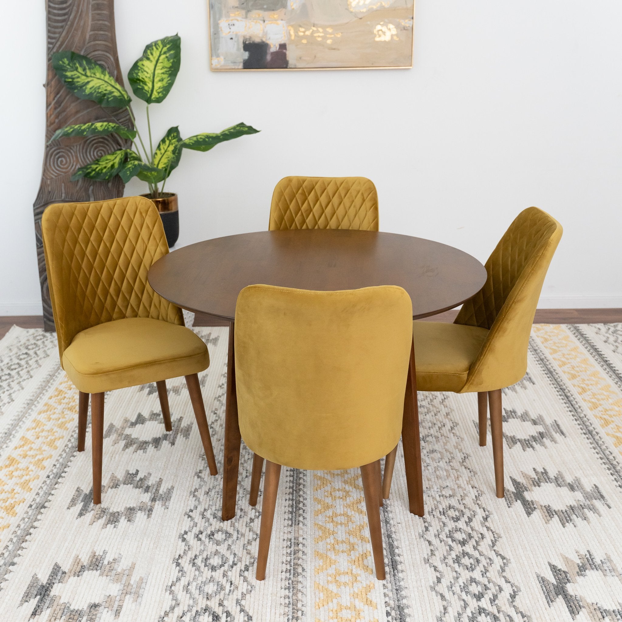 Aliana Dining Set with 4 Evette Gold Chairs Walnut