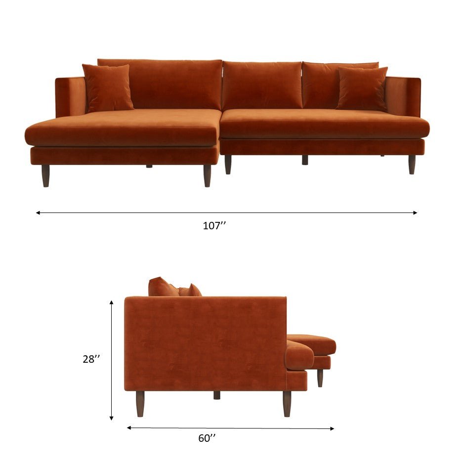 Delano Sectional Sofa Burnt Orange Velvet Right Facing Chaise