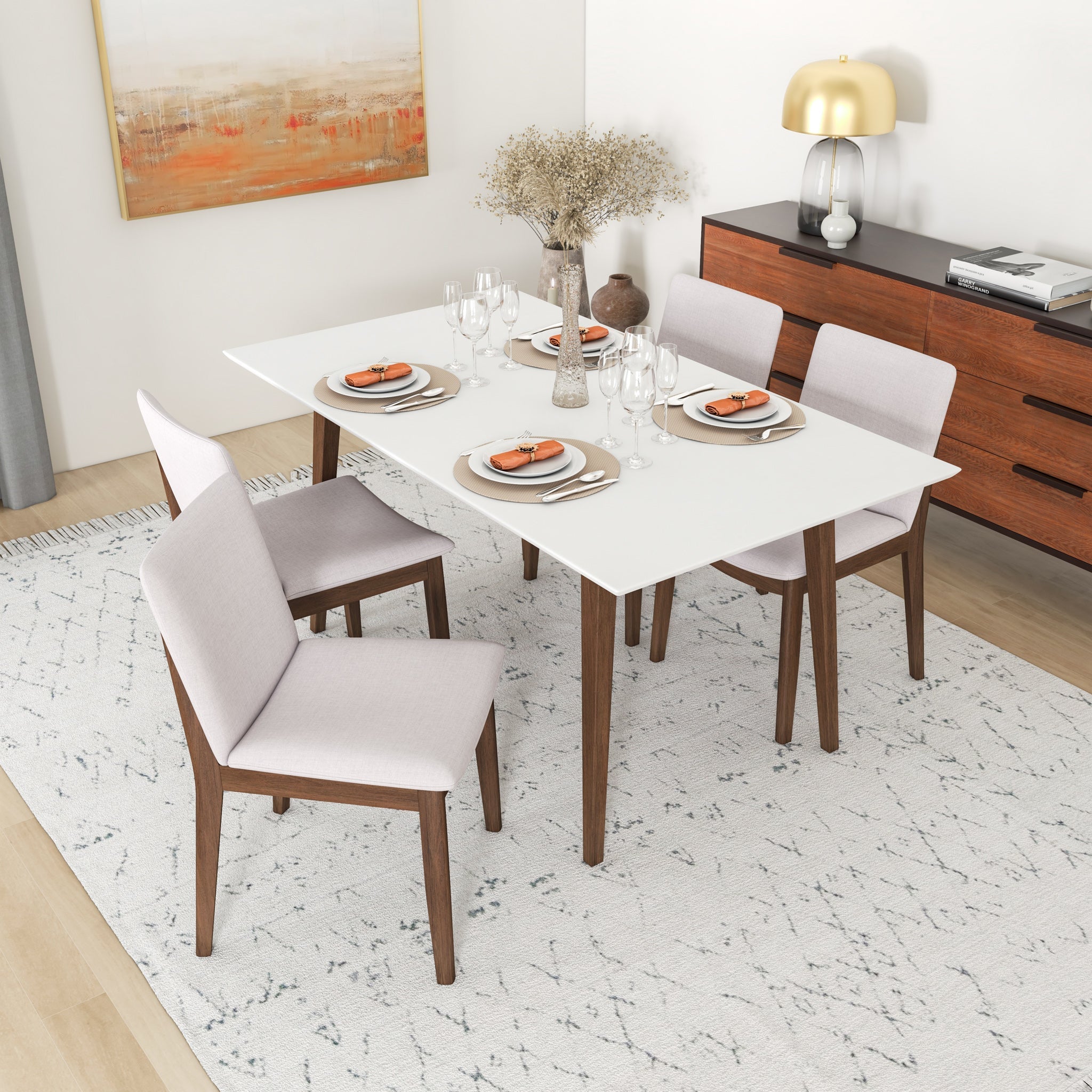 Dining Set, Alpine Large White Table with 4 Virginia Beige Chairs