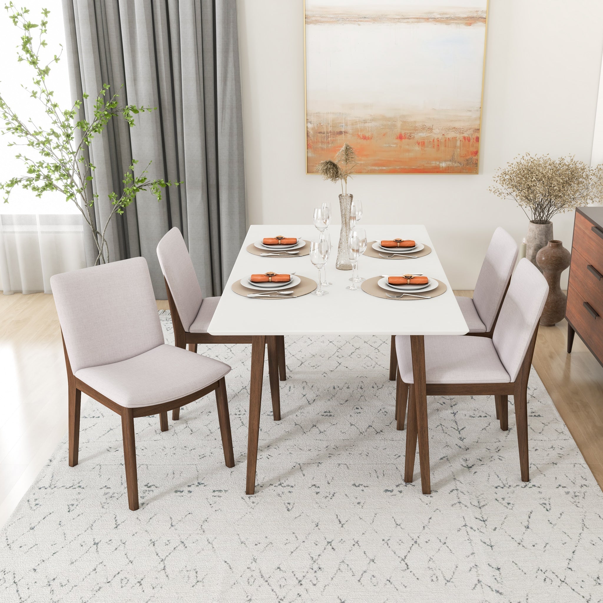 Dining Set, Alpine Large White Table with 4 Virginia Beige Chairs