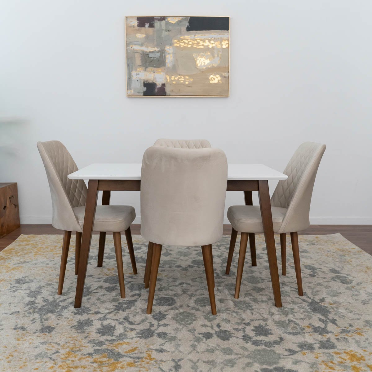 Alpine Small White Top Dining Set with 4 Evette Beige Dining Chairs