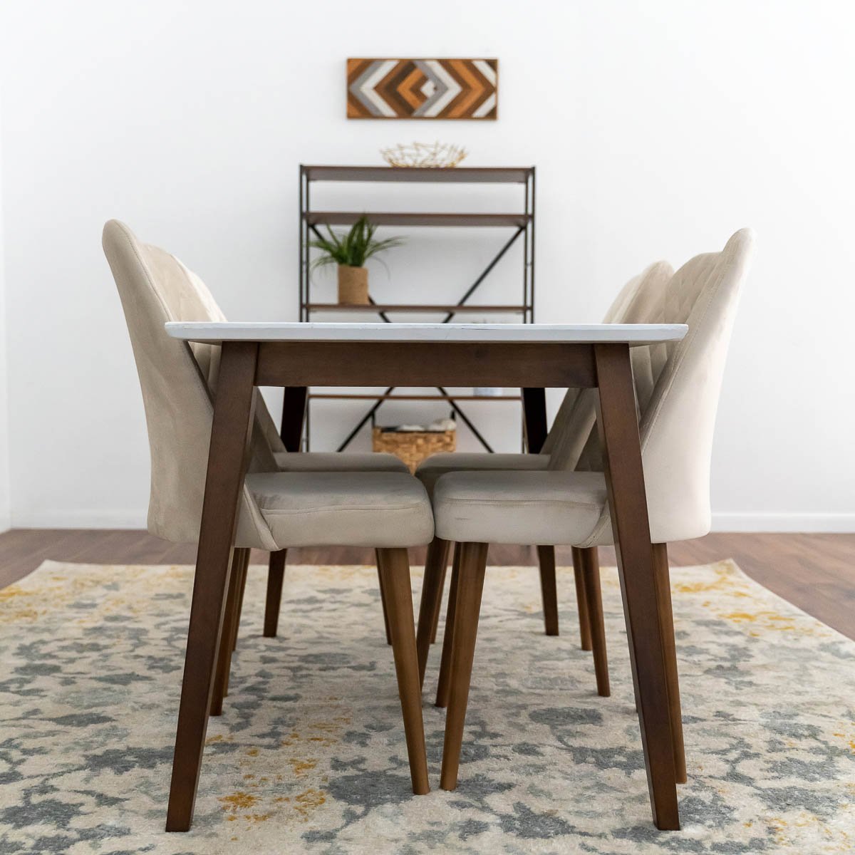 Alpine Small White Top Dining Set with 4 Evette Beige Dining Chairs