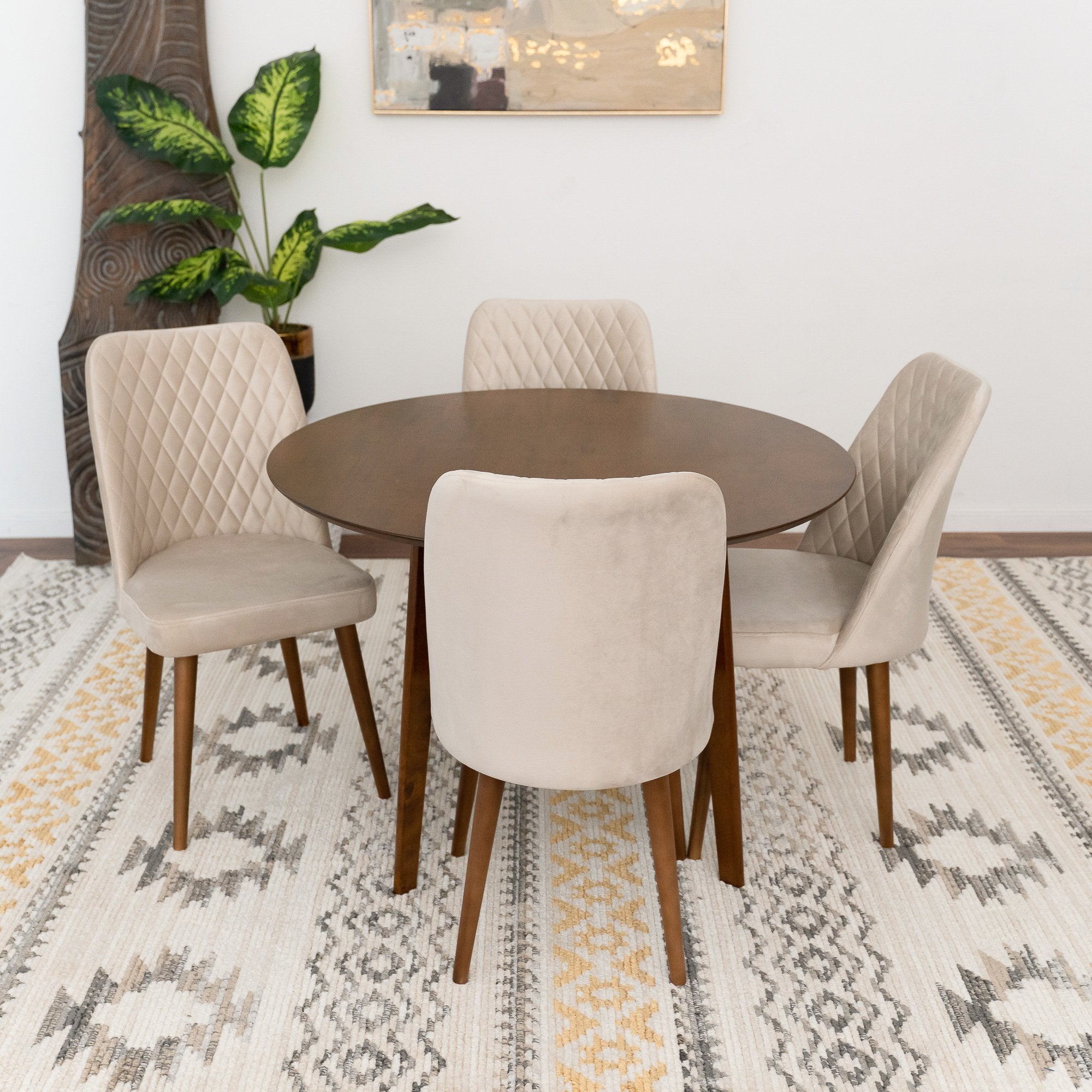 Aliana Dining Set with 4 Evette Beige Chairs Walnut