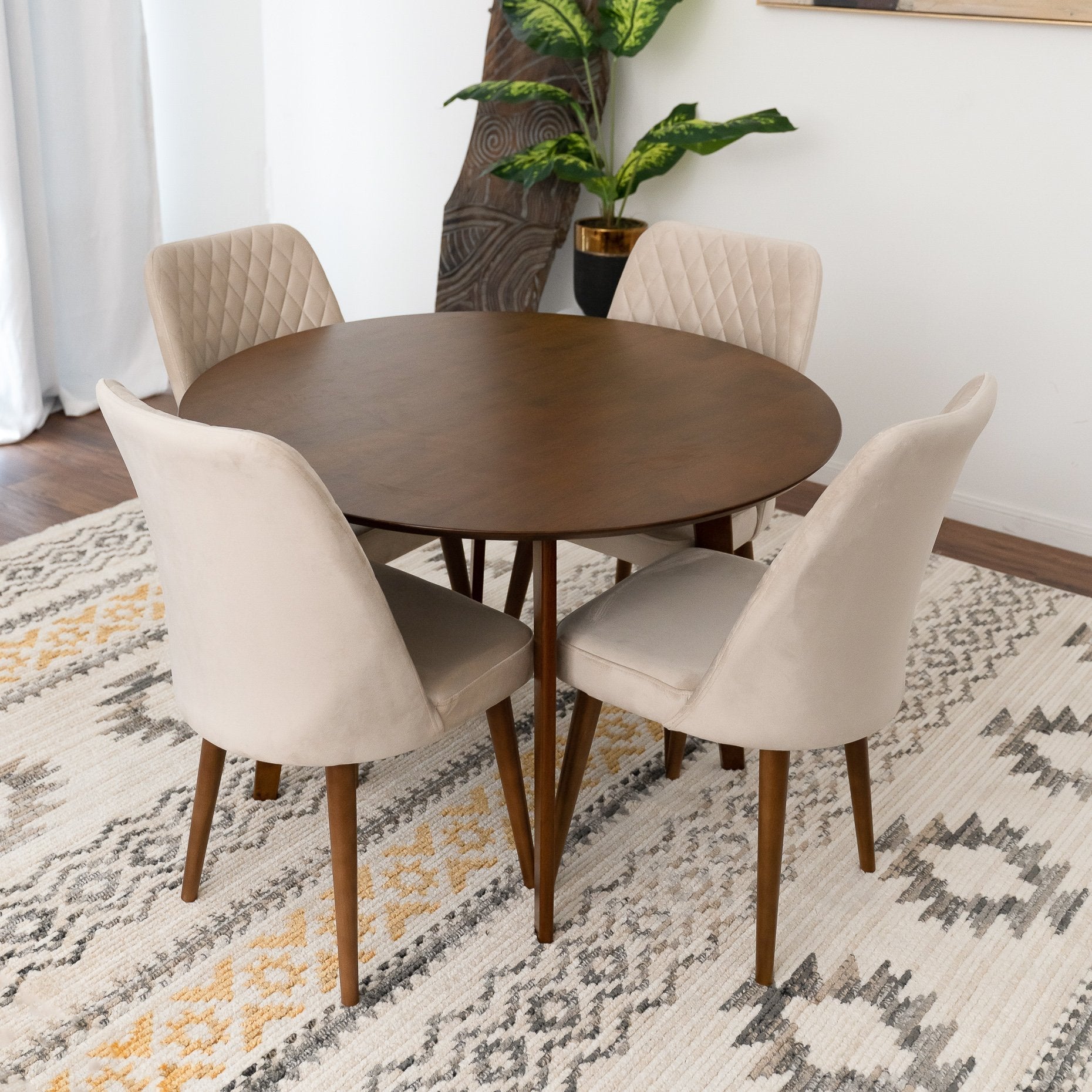 Aliana Dining Set with 4 Evette Beige Chairs Walnut