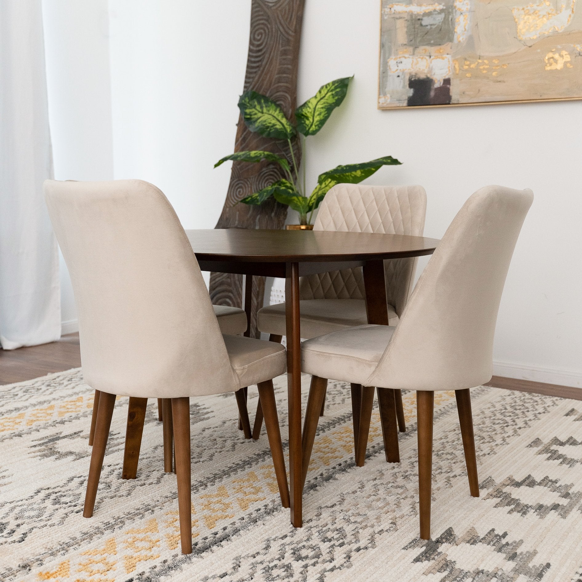 Aliana Dining Set with 4 Evette Beige Chairs Walnut