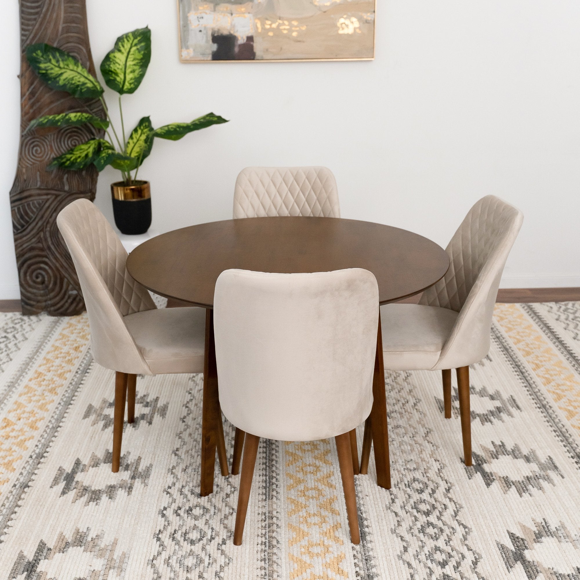 Aliana Dining Set with 4 Evette Beige Chairs Walnut