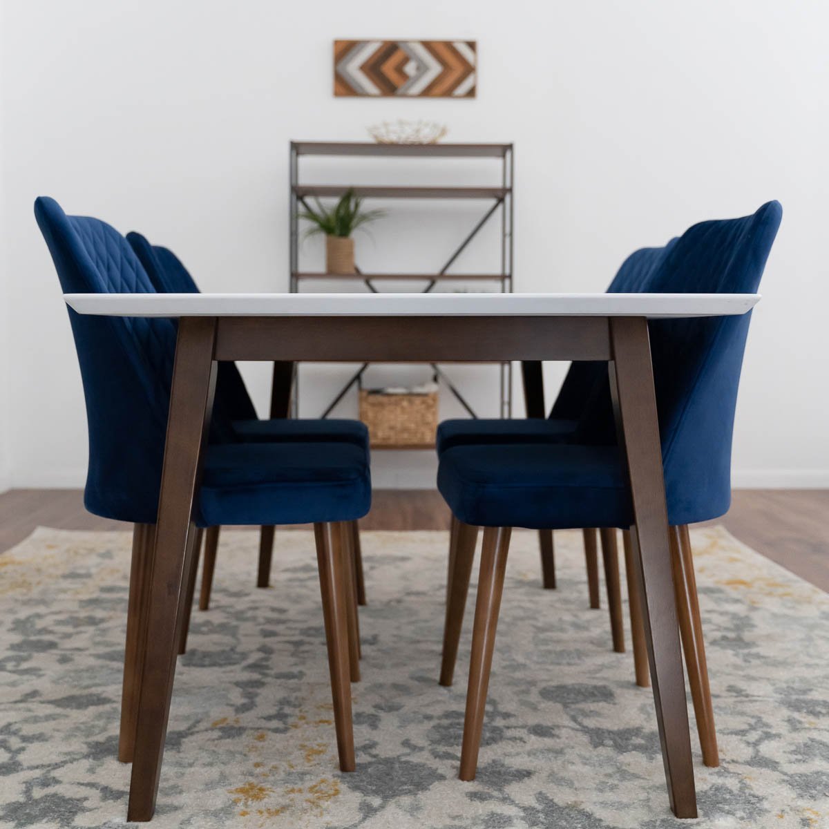 Alpine Large White Top Dining Set with 4 Evette Blue Dining Chairs