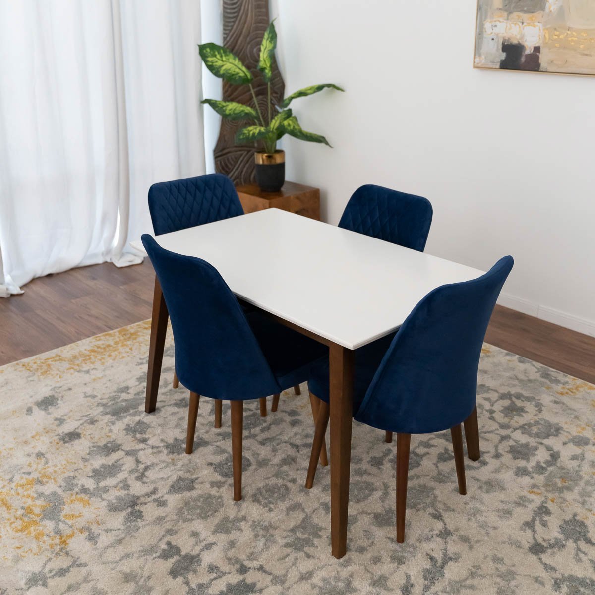 Alpine Small White Top Dining Set with 4 Evette Blue Dining Chairs