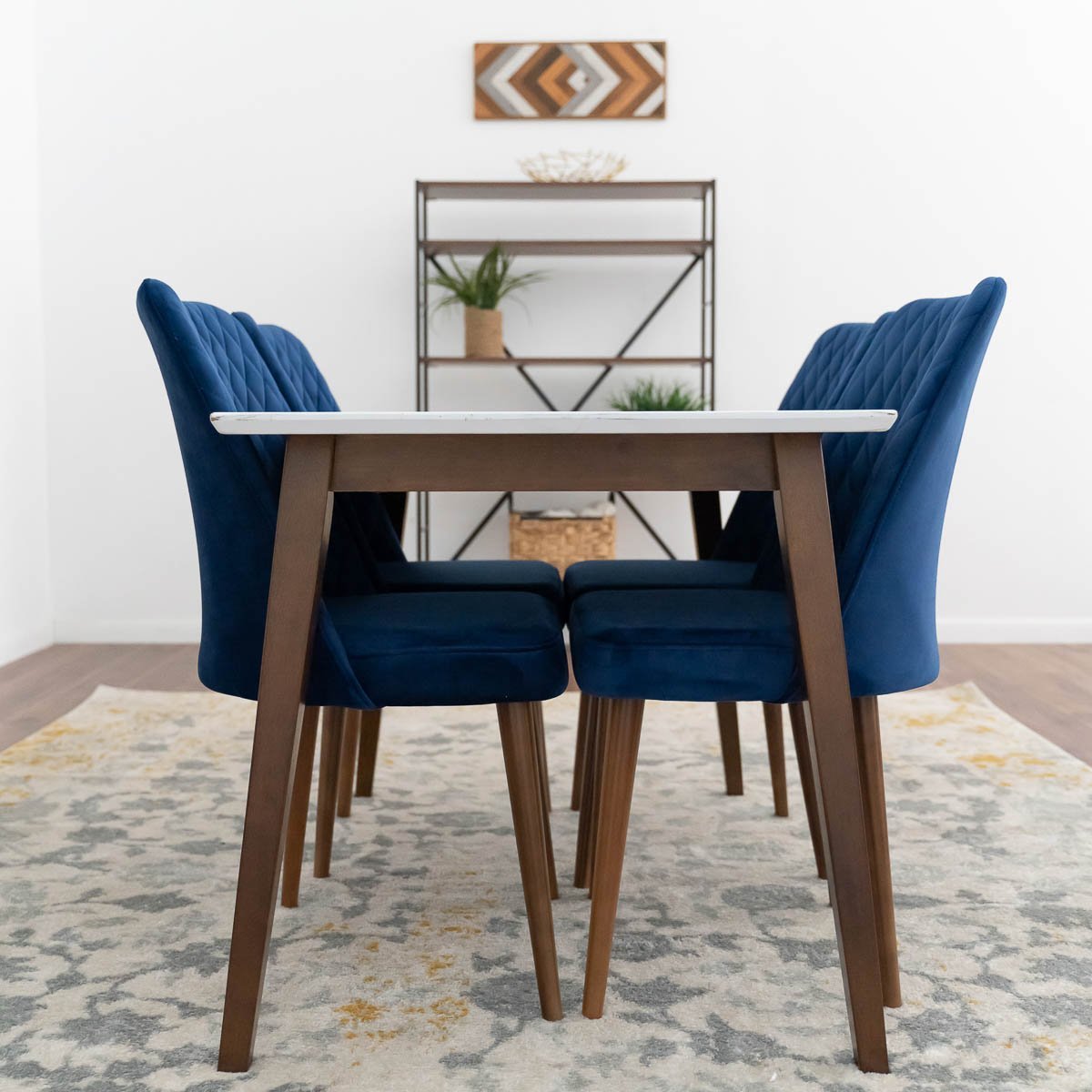 Alpine Small White Top Dining Set with 4 Evette Blue Dining Chairs