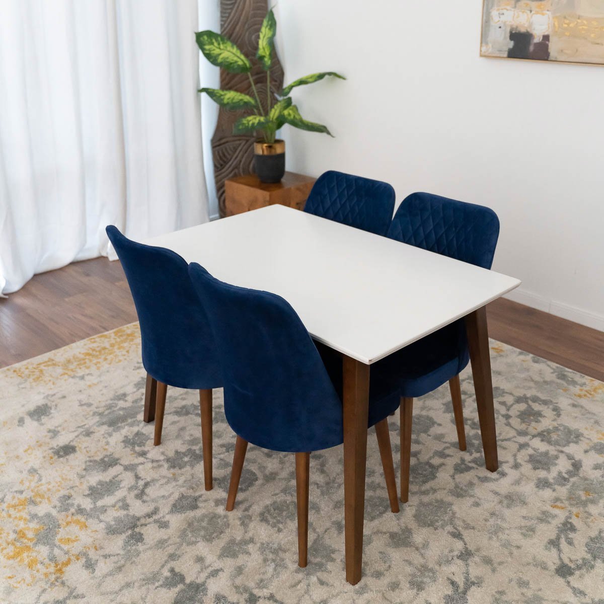 Alpine Small White Top Dining Set with 4 Evette Blue Dining Chairs