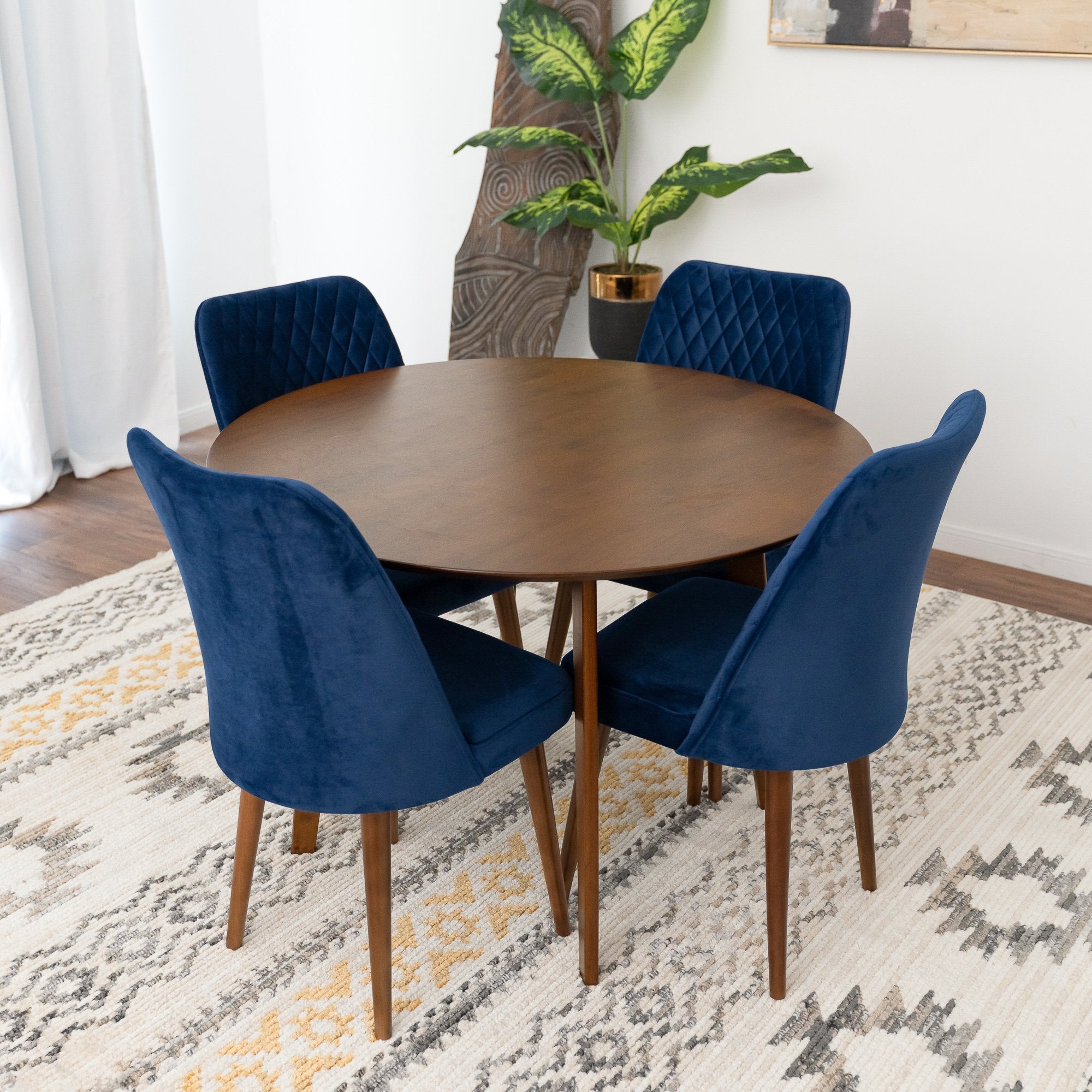 Aliana Dining Set with 4 Evette Blue Chairs Walnut