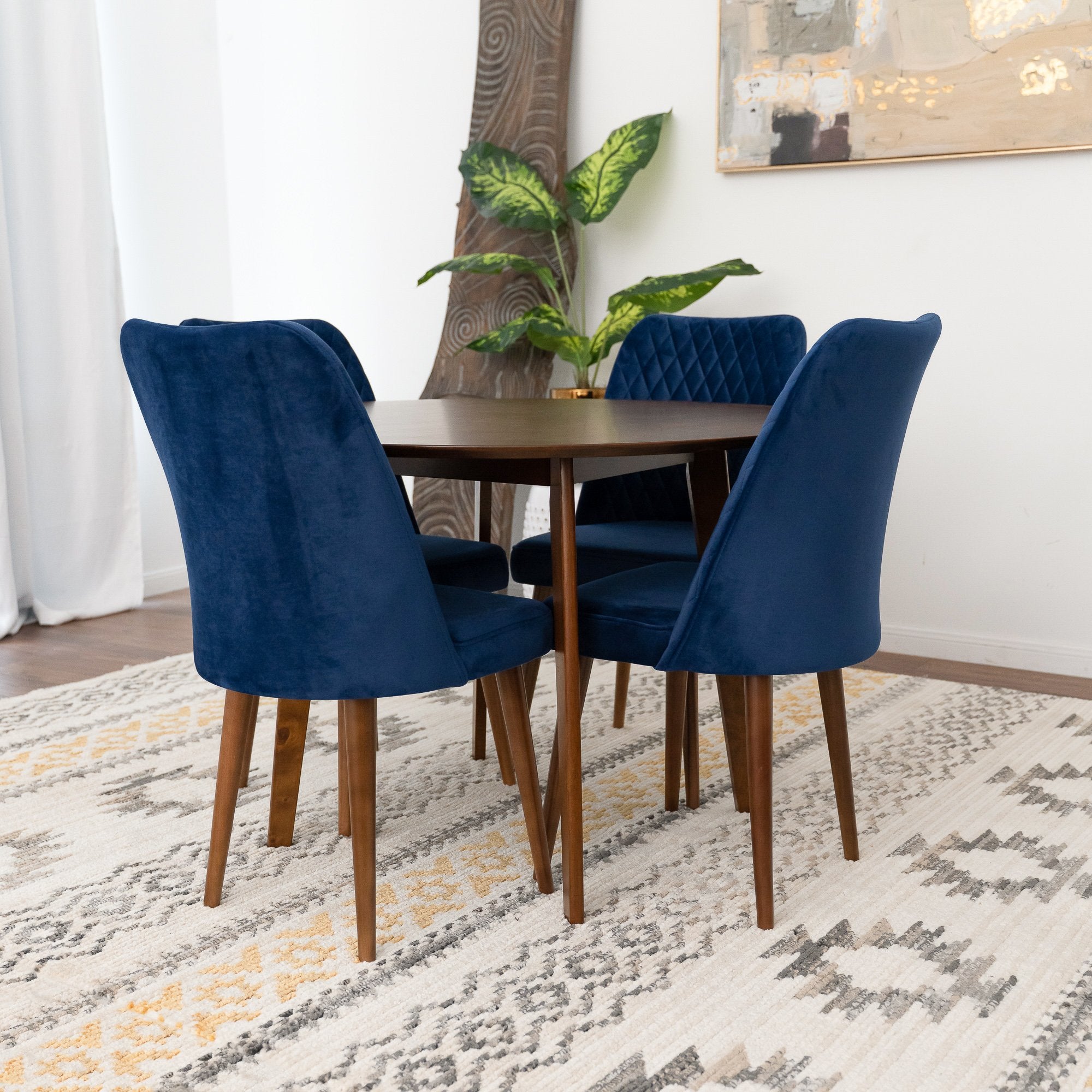 Aliana Dining Set with 4 Evette Blue Chairs Walnut