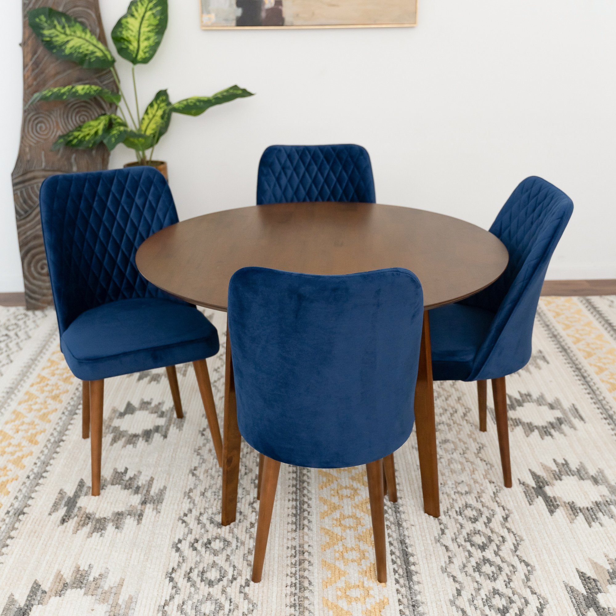 Aliana Dining Set with 4 Evette Blue Chairs Walnut