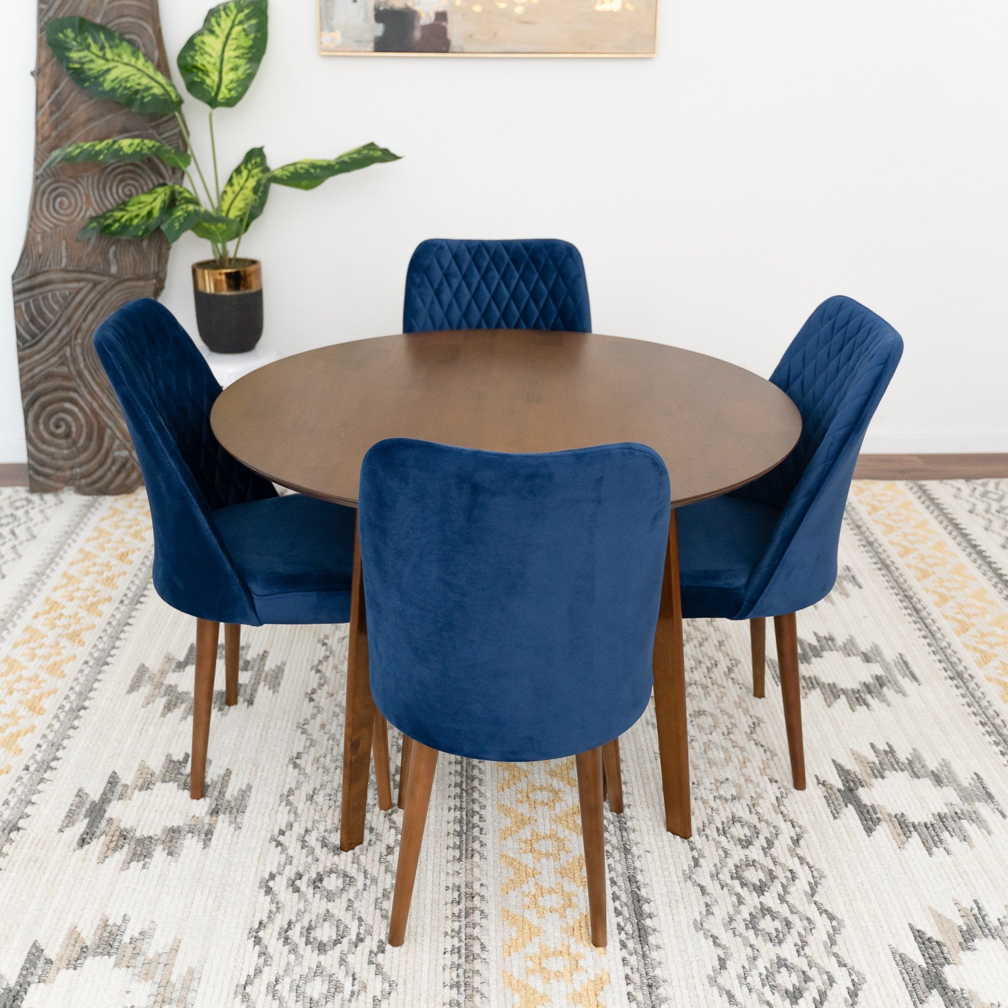 Aliana Dining Set with 4 Evette Blue Chairs Walnut