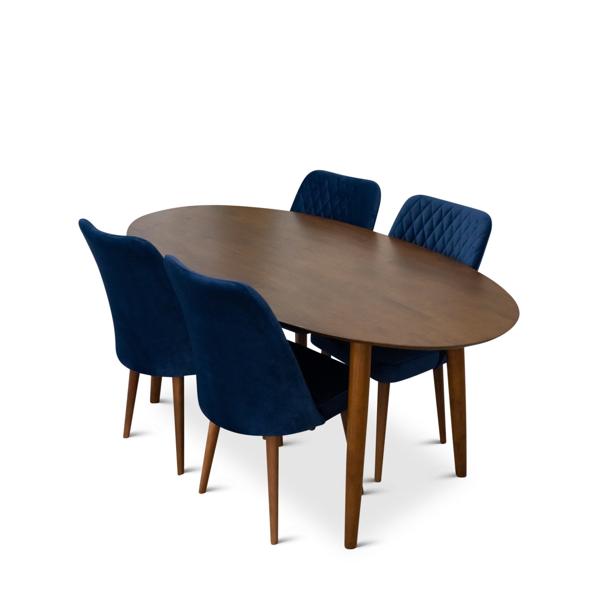 Rixos Dining set with 4 Evette Blue Dining Chairs Walnut