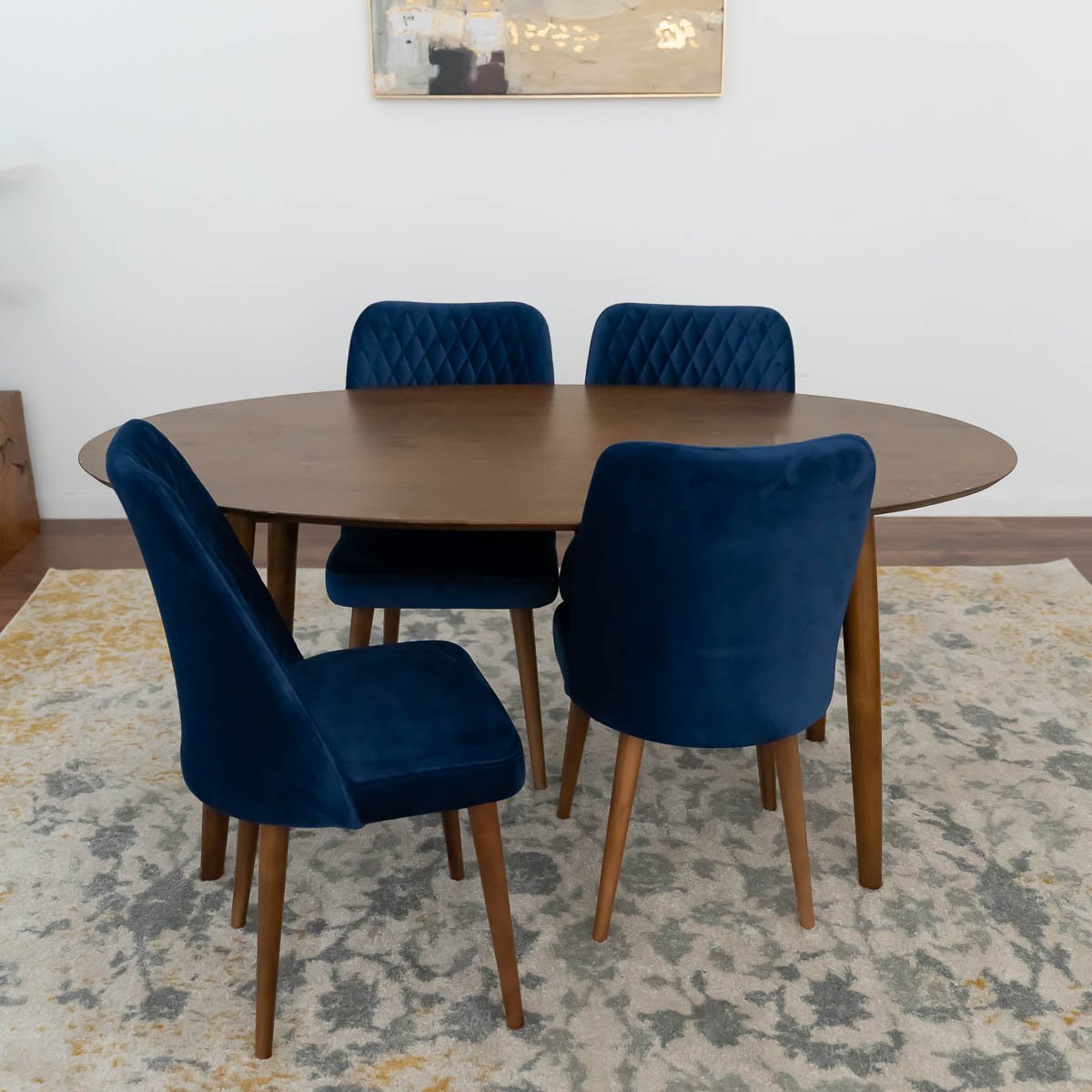 Rixos Dining set with 4 Evette Blue Dining Chairs Walnut